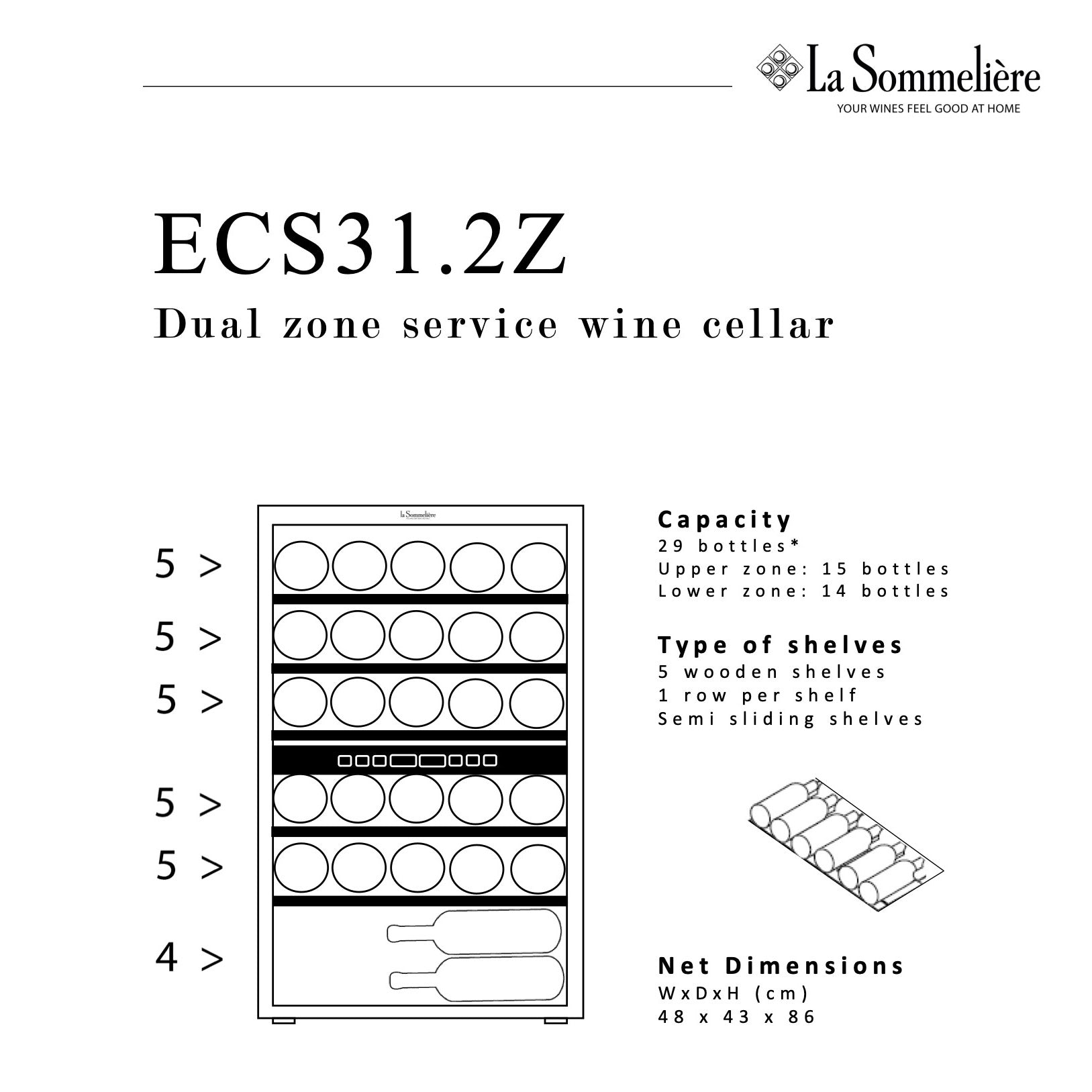Vista de la Vinoteca 29 botellas La Sommelière ECS31.2Z doble zona cargada de botellas de vino tinto y blanco