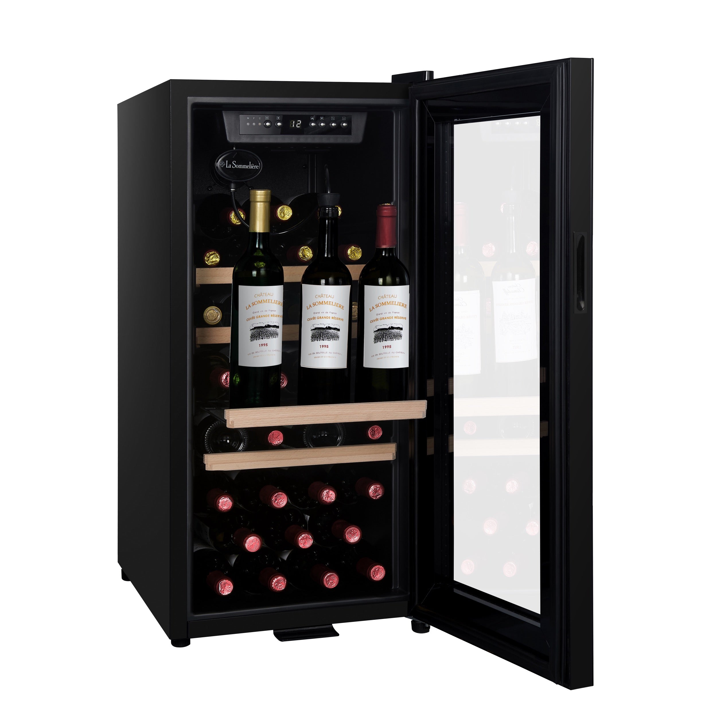 Vista de la Vinoteca 38 botellas La Sommelière LS38BLACK cargada de botellas de vino tinto y blanco