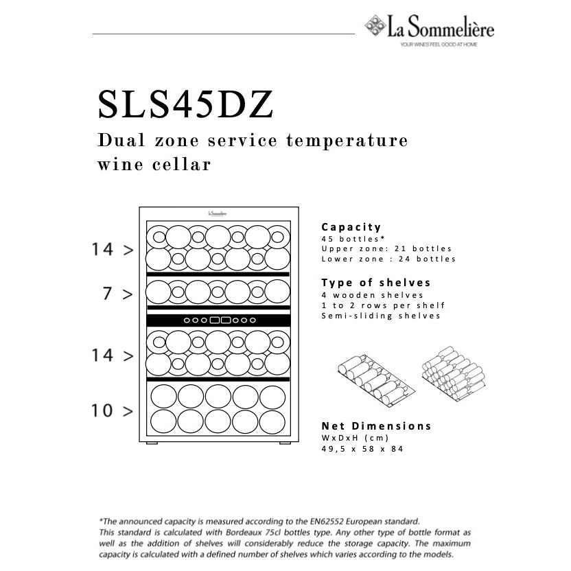 Vista de la Vinoteca 45 botellas La Sommelière SLS45DZ doble zona repleta de botellas en estantes de madera