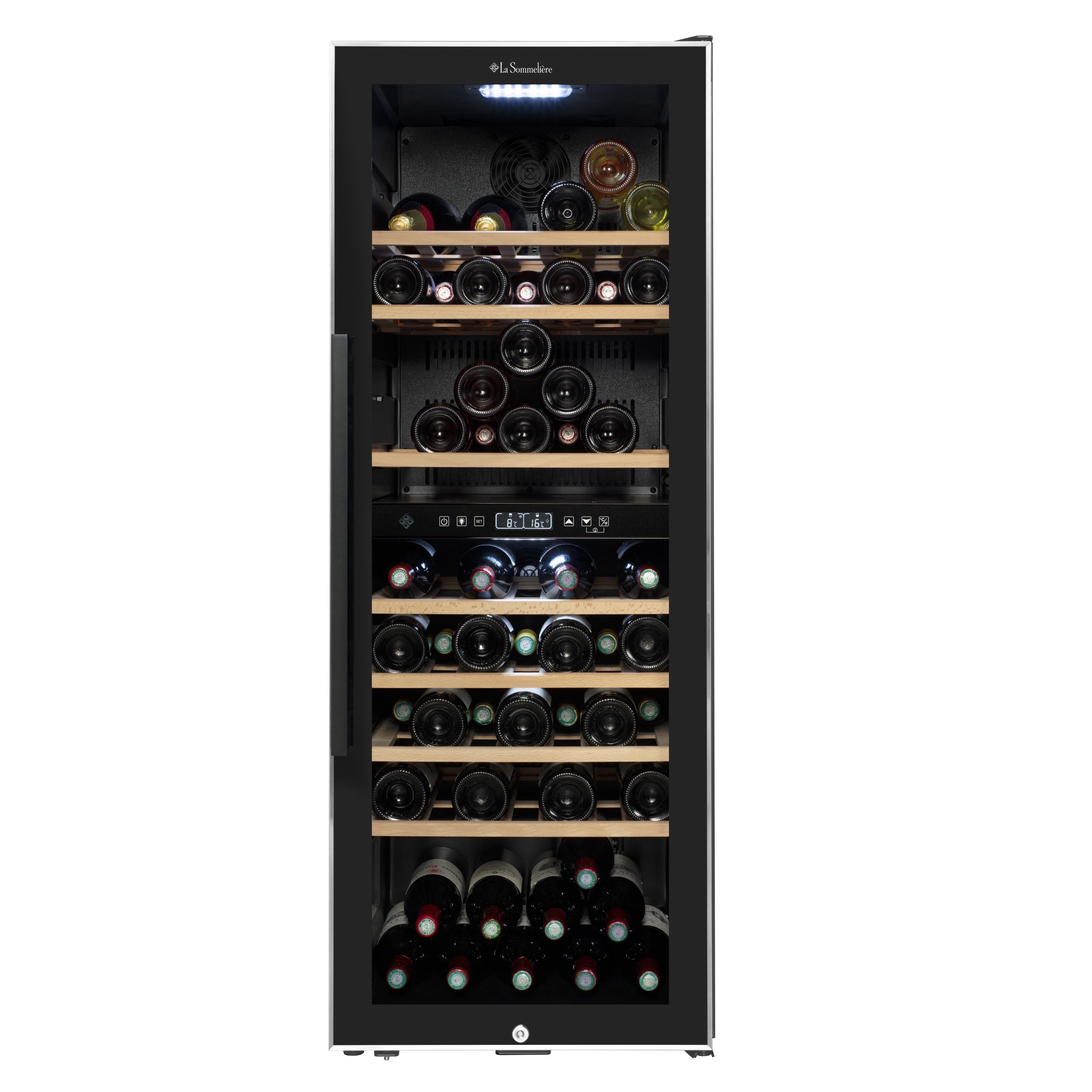 Vista de la Vinoteca 75 botellas La Sommelière ECS81-2Z doble zona con estantes de madera llenos de botellas