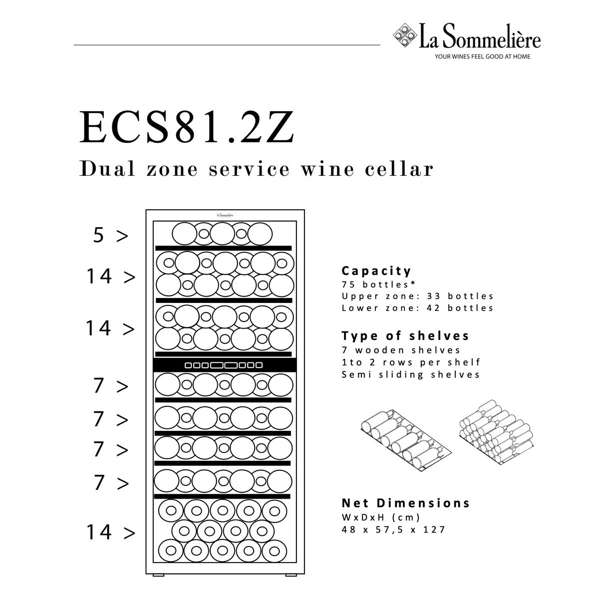 Vista de la Vinoteca 75 botellas La Sommelière ECS81-2Z doble zona repleta de botellas en estantes de madera