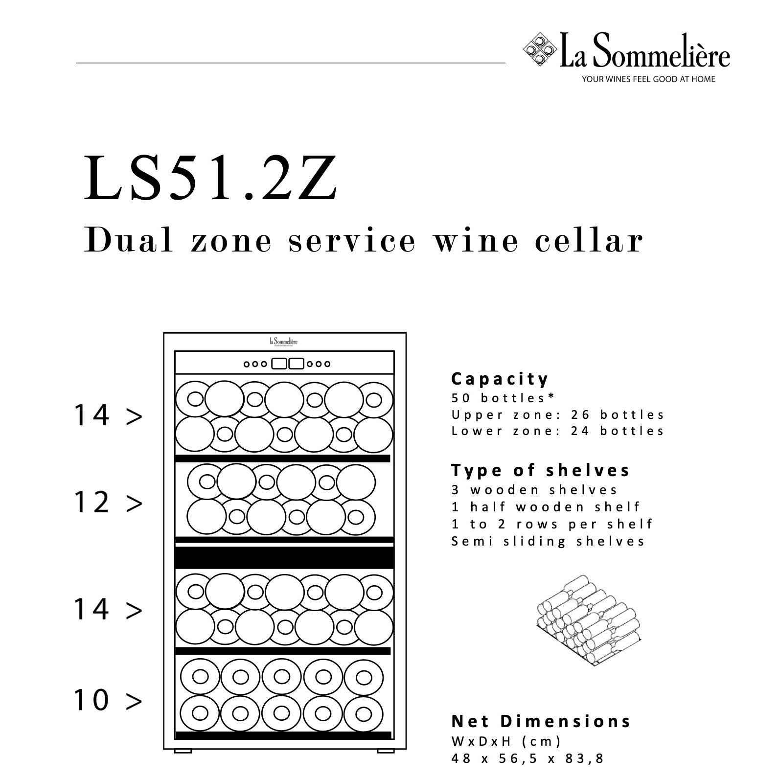 Vista de la Vinoteca 50 botellas La Sommelière LS512ZBLACK doble zona cargada de botellas de vino tinto y blanco