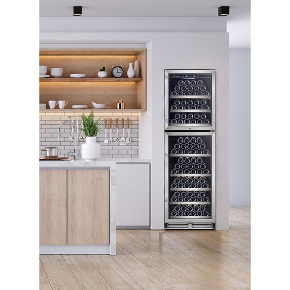 Vista de la Vinoteca 172 botellas La Sommelière MT166DP doble zona completamente abastecida con botellas de vino