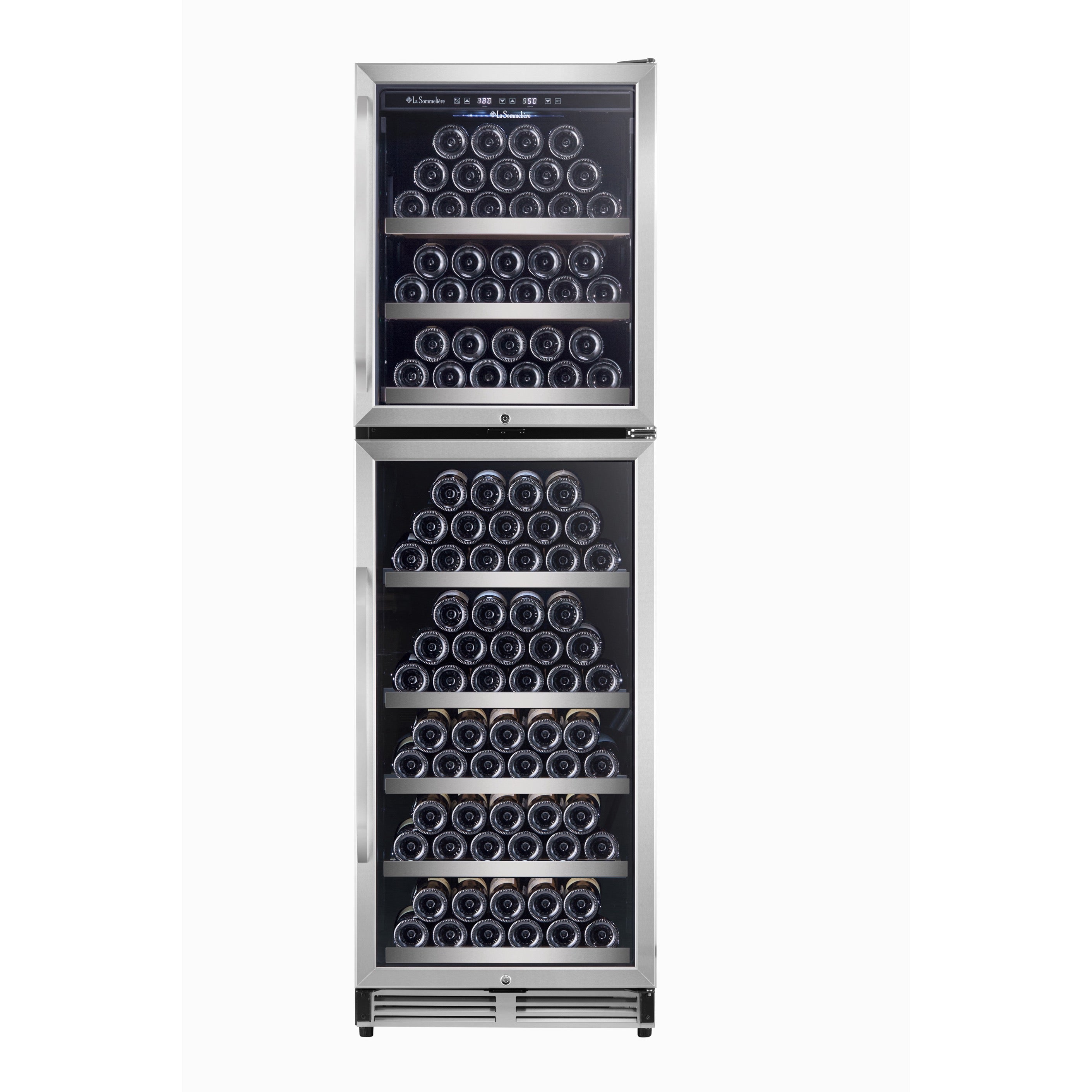 Vista de la Vinoteca 172 botellas La Sommelière MT166DP doble zona con estantes de madera llenos de botellas