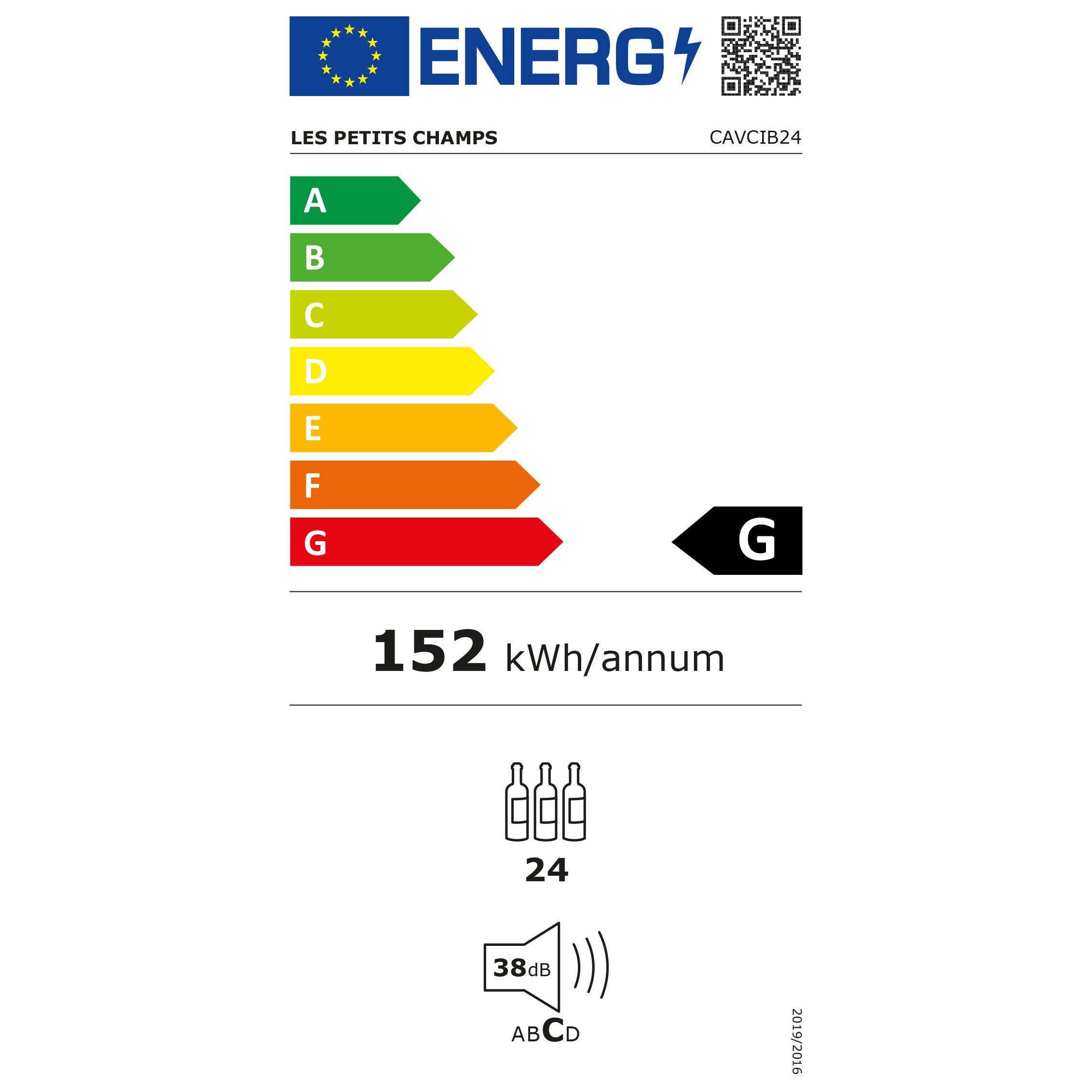Etiqueta de eficiencia energética europea para la vinoteca CAVCIB24, calificada en la clase G, con consumo anual de 152 kWh y nivel sonoro de 38 dB