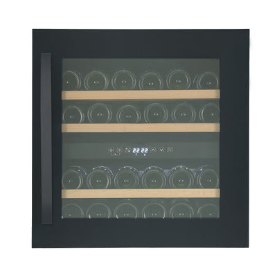 Vinoteca encastrable 30 botellas Caviss CLEN230TBEG doble zona vista frontal con puerta cerrada y llena de botellas de vino