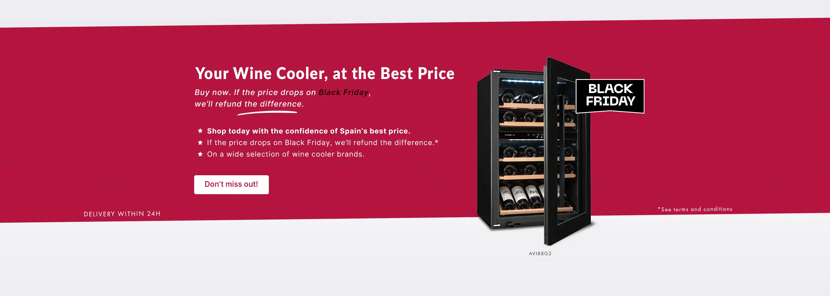 Promotional banner with a red background showing a black wine cooler with the door open and several wine bottles inside. Spanish text announces a Black Friday offer: “Your wine cooler, at the best price,” with a price match guarantee if the price drops on Black Friday.