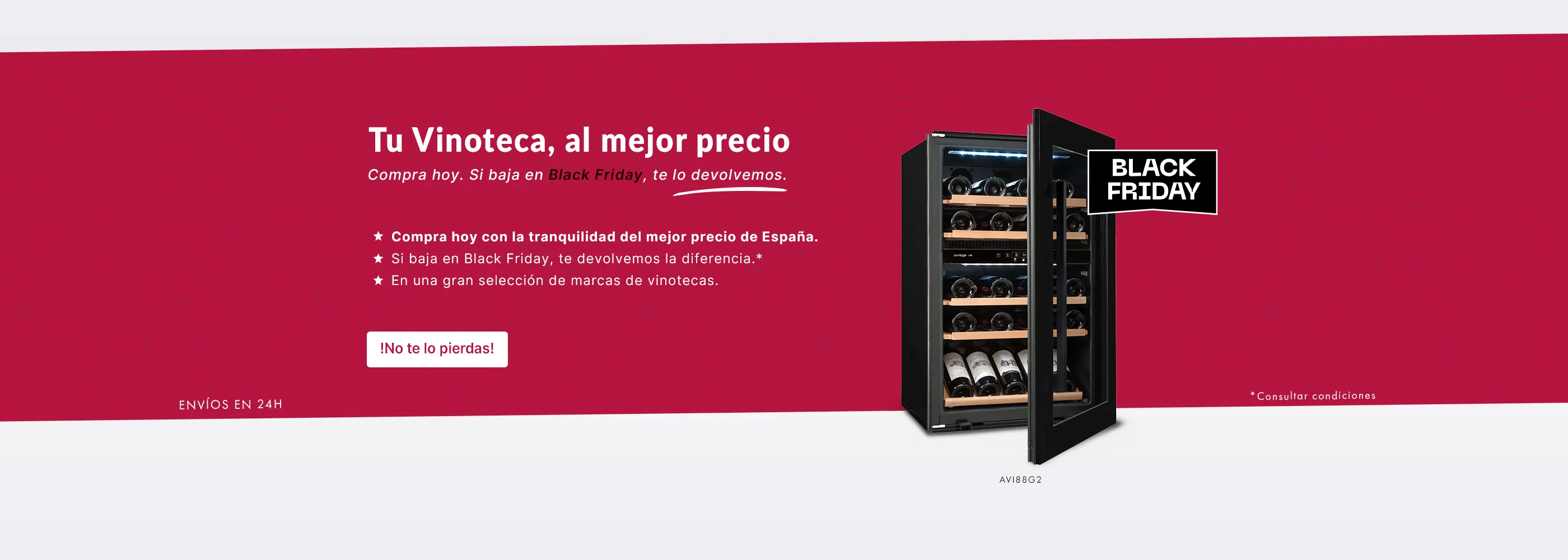 Banner promocional en fondo rojo que muestra una vinoteca negra con la puerta abierta y botellas de vino en su interior, junto a un texto en español que anuncia una oferta de Black Friday: "Tu Vinoteca, al mejor precio", con garantía de devolución de la diferencia si el precio baja durante el Black Friday.