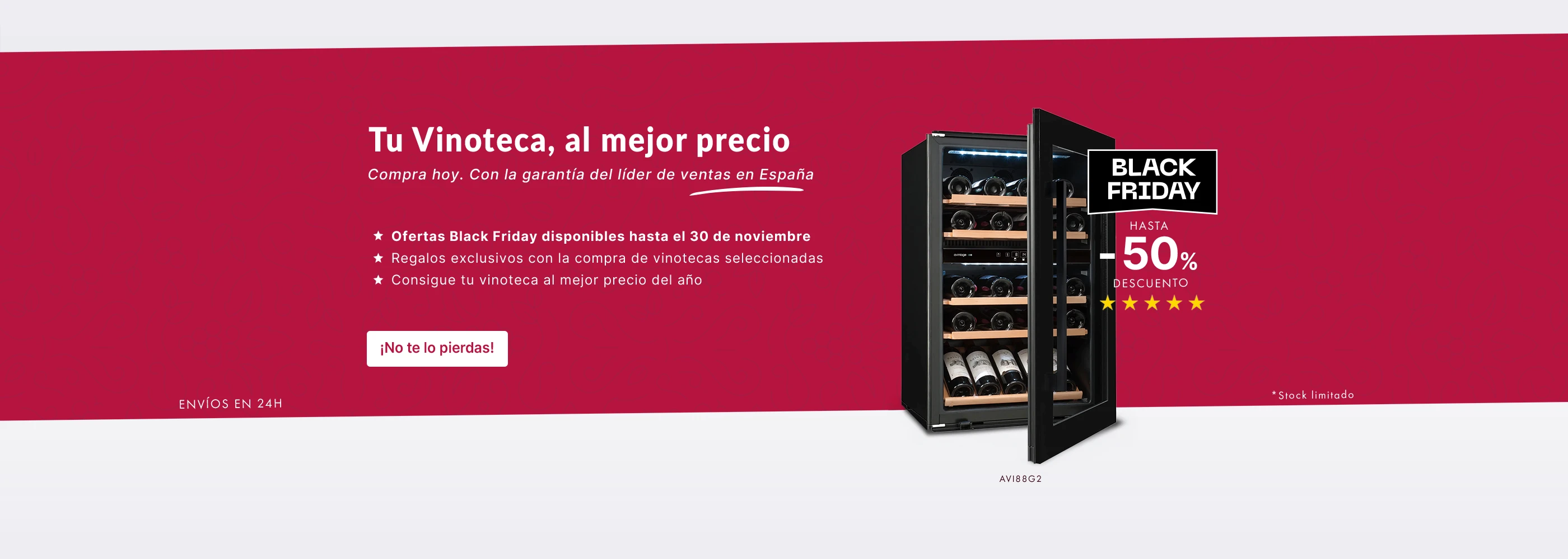 Banner Black Friday Vinoteca.es con vinoteca negra, descuento hasta el 50% y texto “Tu Vinoteca, al mejor precio”.