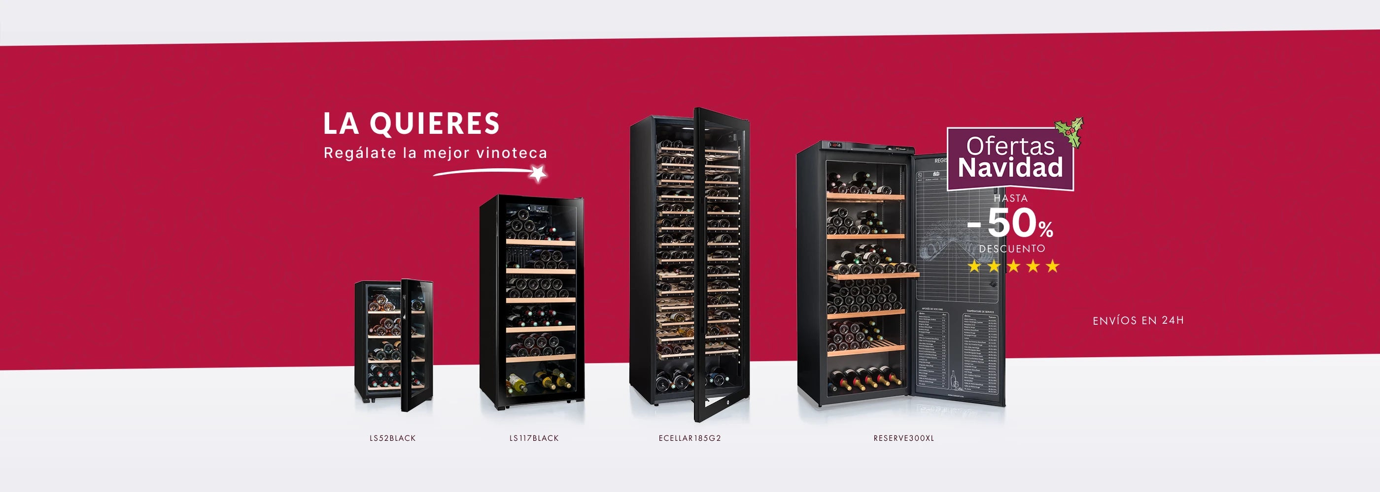 Banner horizontal con fondo burdeos mostrando cuatro modelos de vinotecas negras (LS52BLACK, LS117BLACK, ECELLAR185G2 y RESERVE300XL), todas con botellas organizadas en estantes de madera. El texto dice “La quieres – Regálate la mejor vinoteca” y destaca una promoción navideña de hasta el 50% de descuento con envíos en 24h.