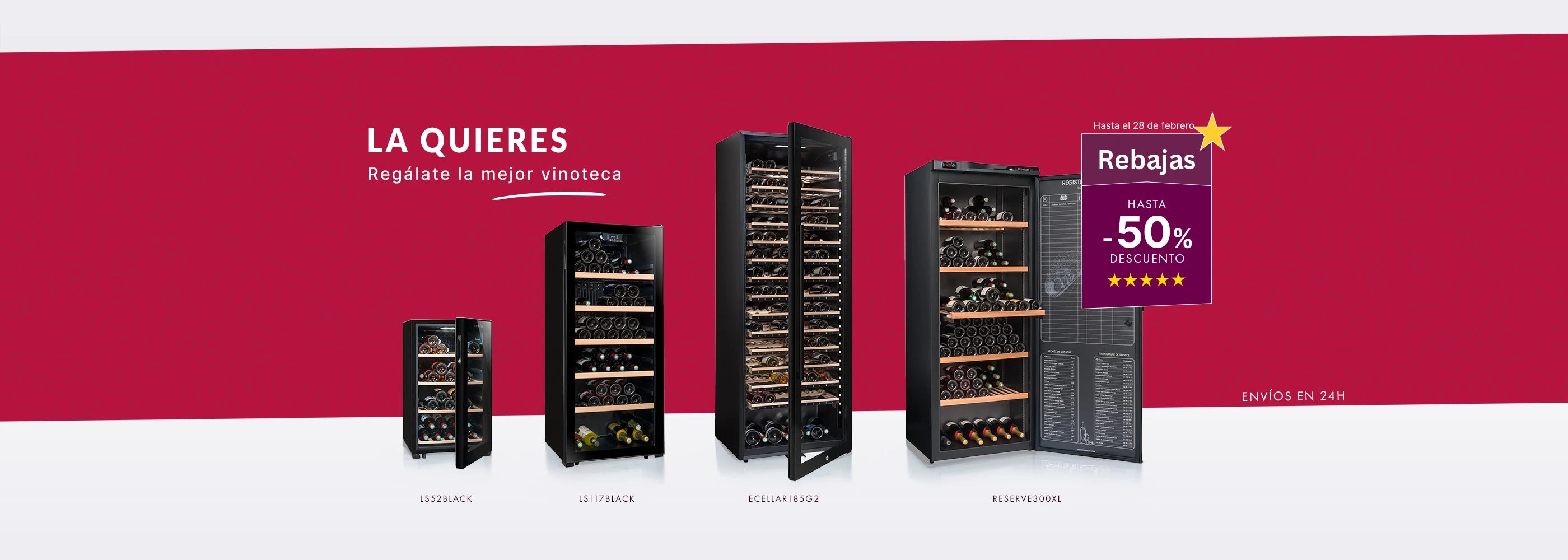 Banner con vinotecas de varios tamaños en oferta, con hasta 50% de descuento disponible hasta el 28 de febrero.