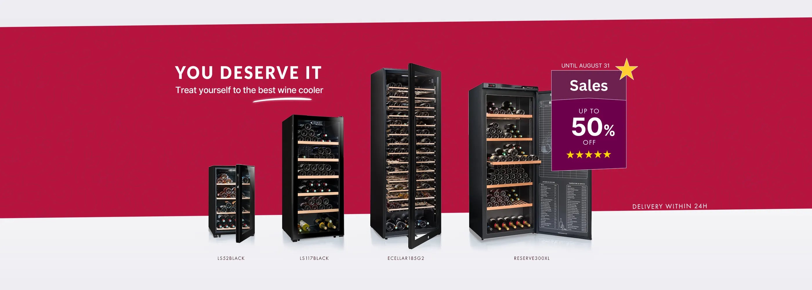 Summer Sale banner for vinoteca.es featuring up to 50% off and a selection of La Sommelière wine coolers.