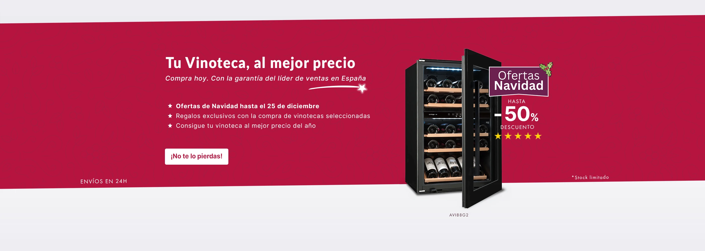 Banner horizontal promocional de Navidad mostrando una vinoteca negra abierta con botellas organizadas. El texto destaca “Tu Vinoteca, al mejor precio” con hasta 50% de descuento, envío en 24h y regalos exclusivos hasta el 25 de diciembre. Botón de llamada a la acción: “¡No te lo pierdas!”.