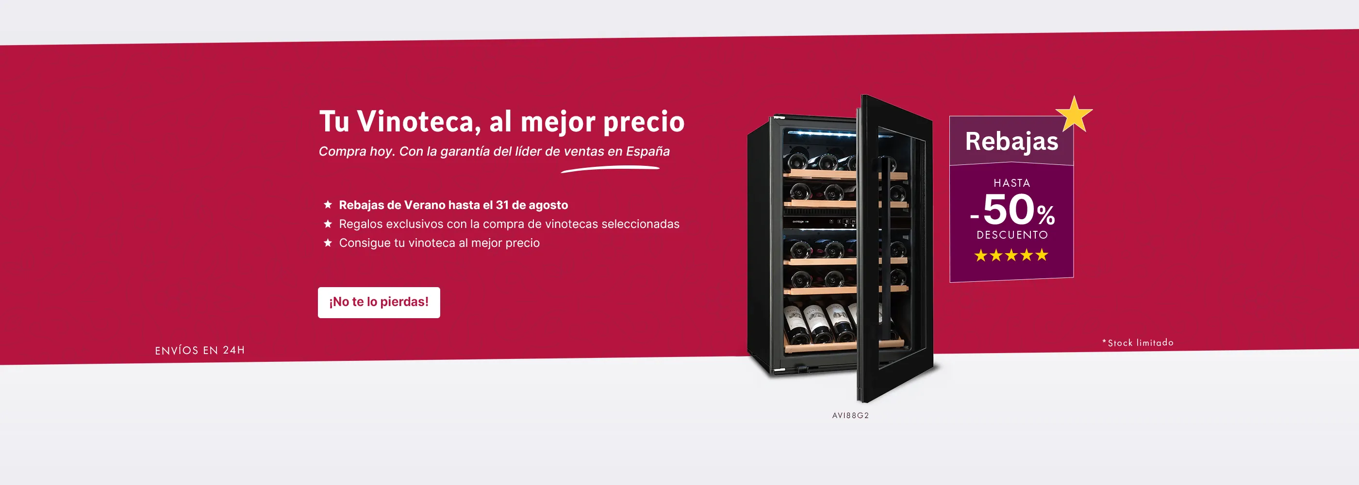 Banner de Rebajas de Verano en vinoteca.es con descuentos de hasta el 50% y vinoteca Avintage AV188G2.