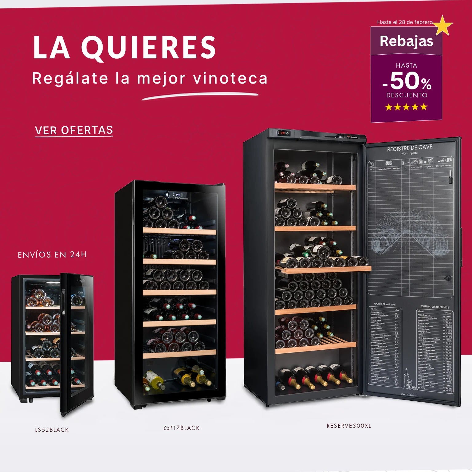 Banner de promoción de vinotecas con tres modelos exhibidos y hasta 50% de descuento disponible hasta el 28 de febrero.