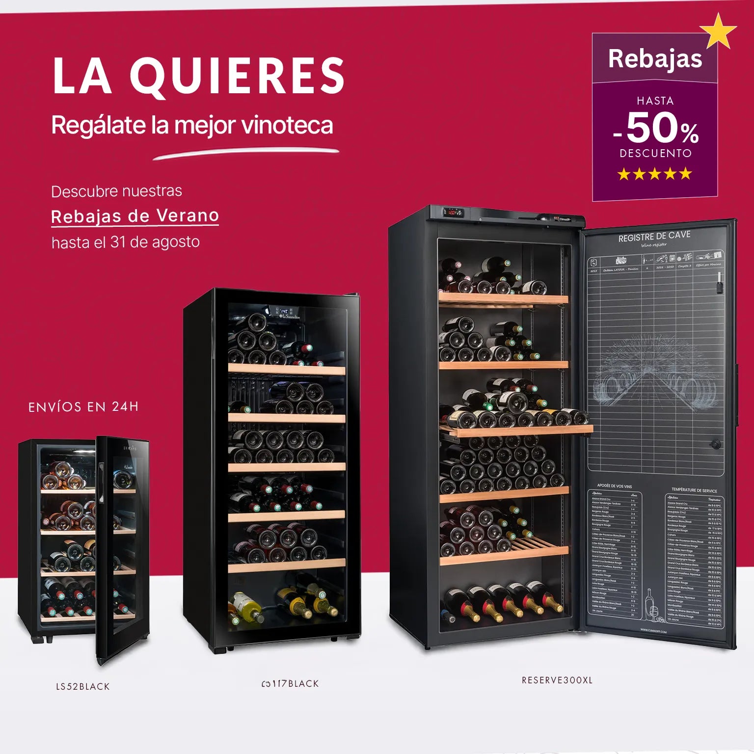 Banner móvil de Rebajas de Verano en vinoteca.es con hasta un 50% de descuento y selección de vinotecas La Sommelière.