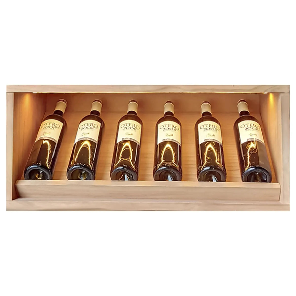 EX2292-02 - Botellero Expositor Cajón Led Villafranca 6 botellas de vino en Pino teñido en roble claro
