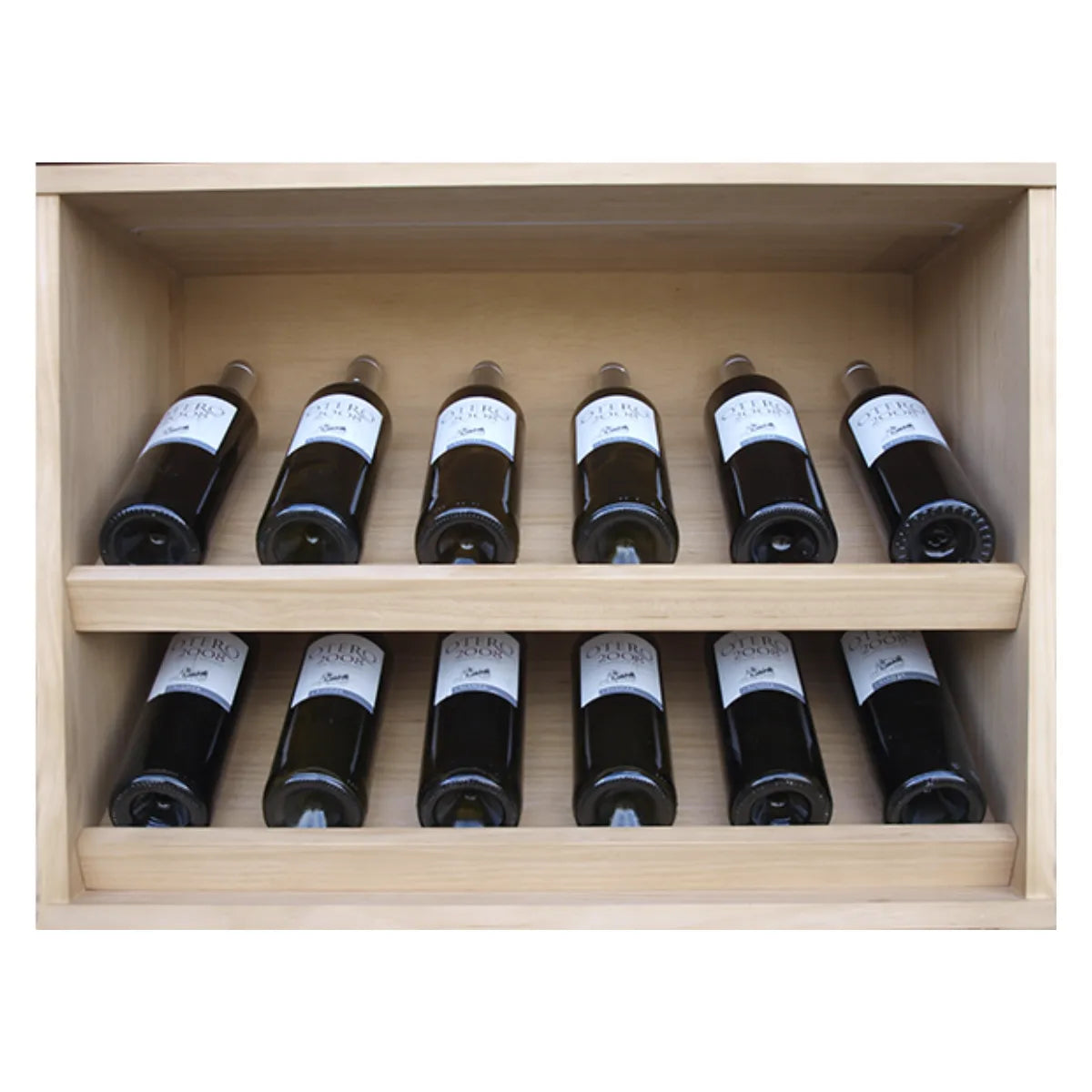 EX2293-02 - Botellero Expositor Cajón Villafranca 12 botellas de vino en Pino teñido en roble claro