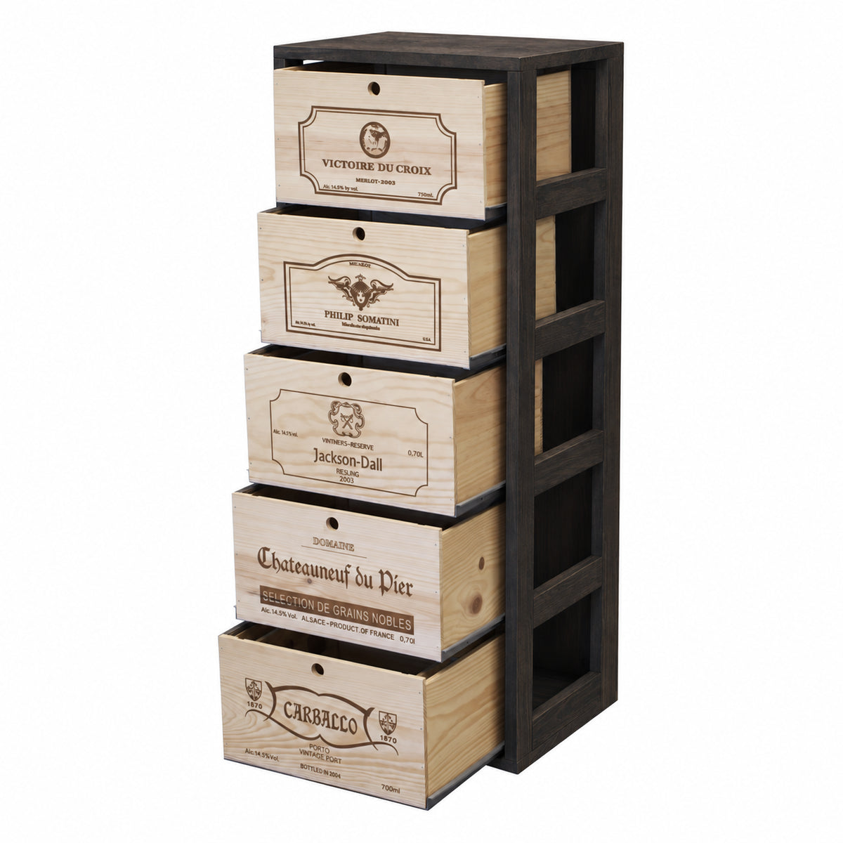 Botellero para 5 cajas de 6 botellas Expovinalia Arganza Godello 2553 - Pino negro - Representación generada del acabado