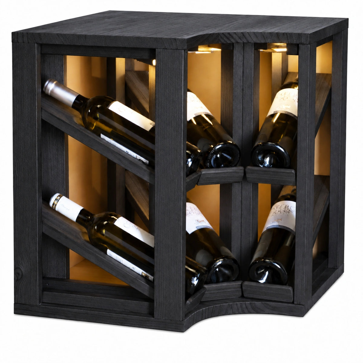 Wine rack for 6 bottles Expovinalia Villafranca Godello 2198 with LED in black pine BX2198. AI-generated finish representation.