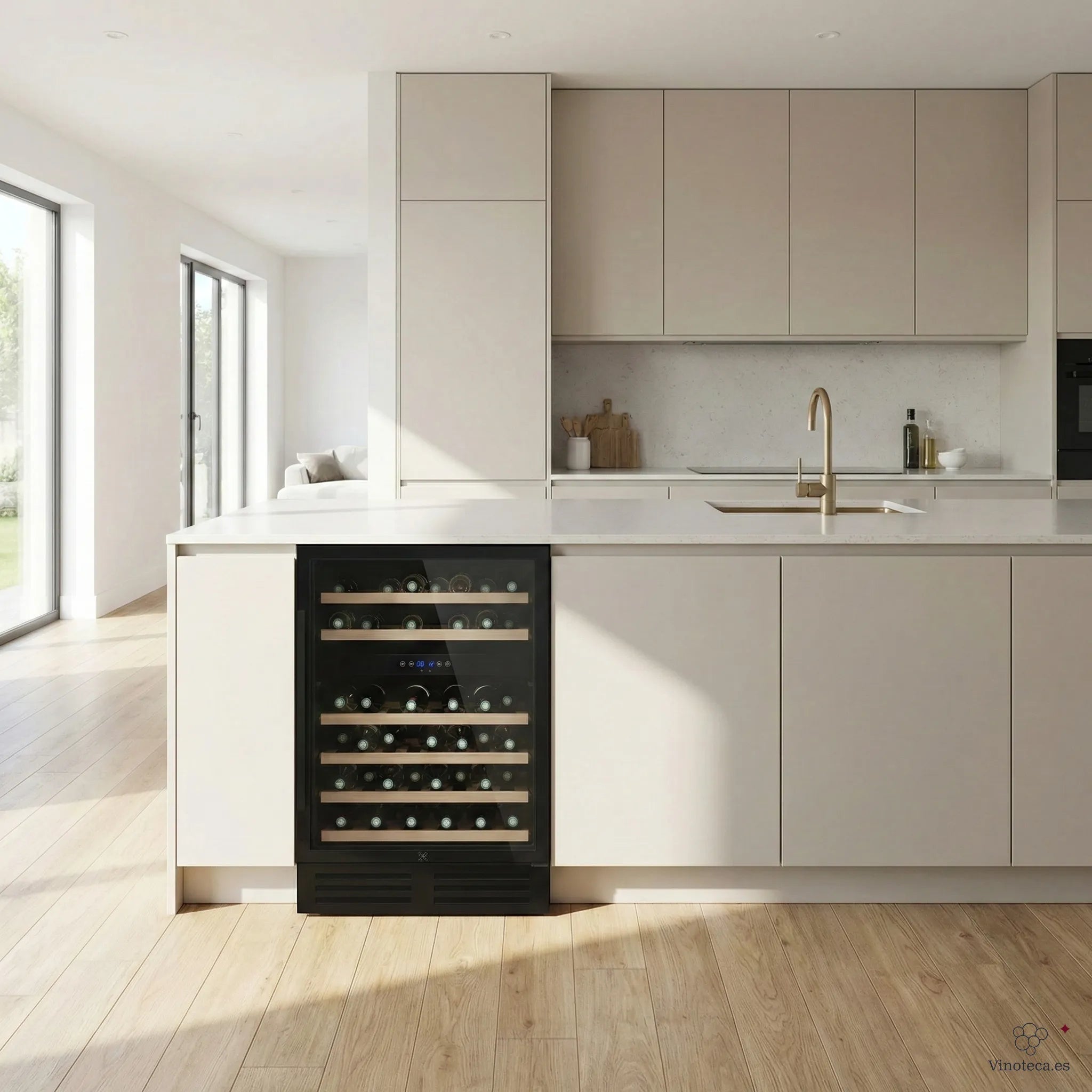 Vinoteca integrable de 46 botellas con doble zona de temperatura, instalada bajo encimera en una cocina moderna de tonos beige y madera clara.