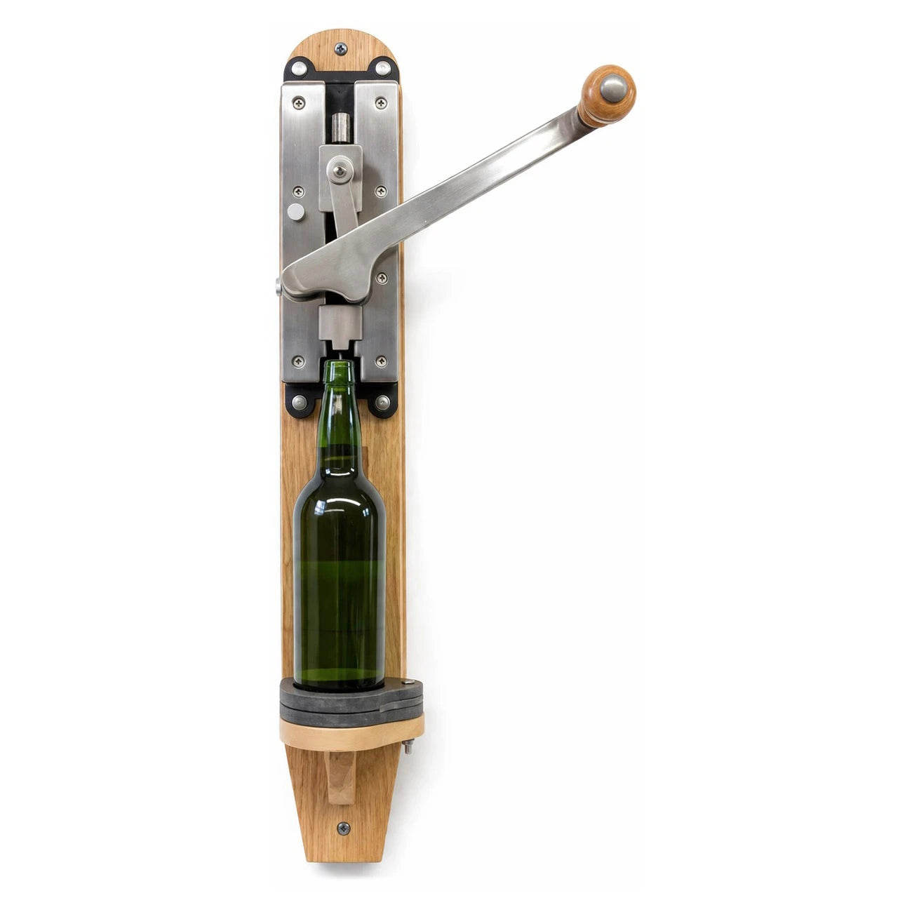 Descorchador de pared Coem en acero inoxidable, vista frontal del modelo tipo chigre con mango de madera.