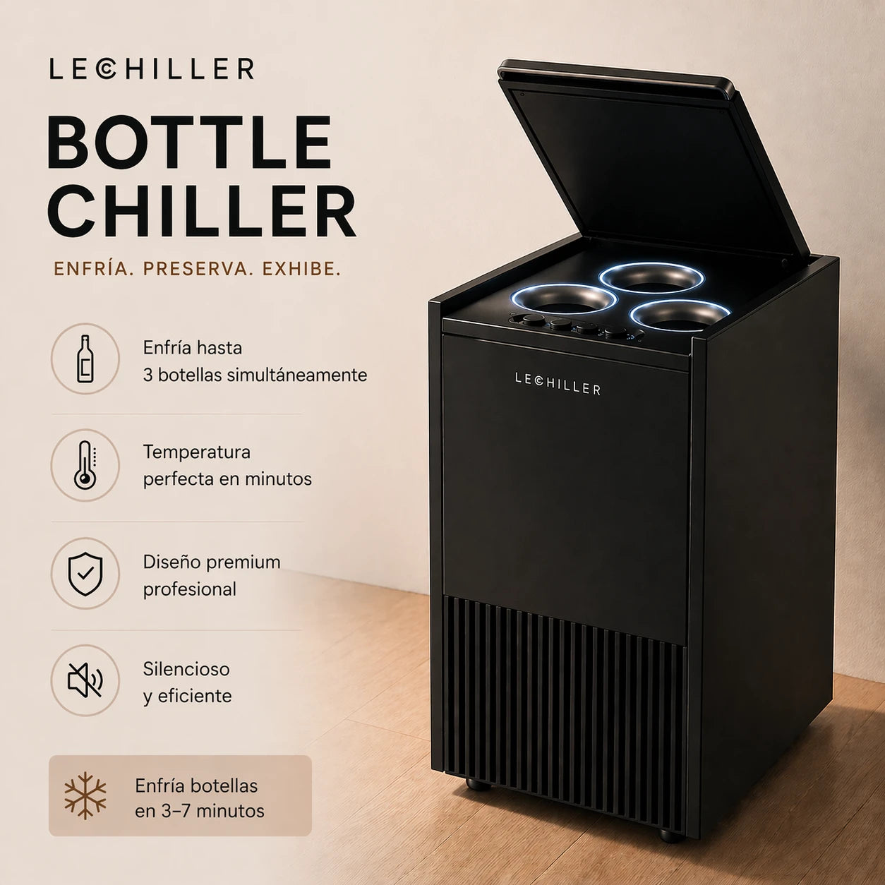 LeChiller Pro, enfriador de botellas de libre instalación para botellas de 75 cl, magnum y latas, vista frontal del equipo.