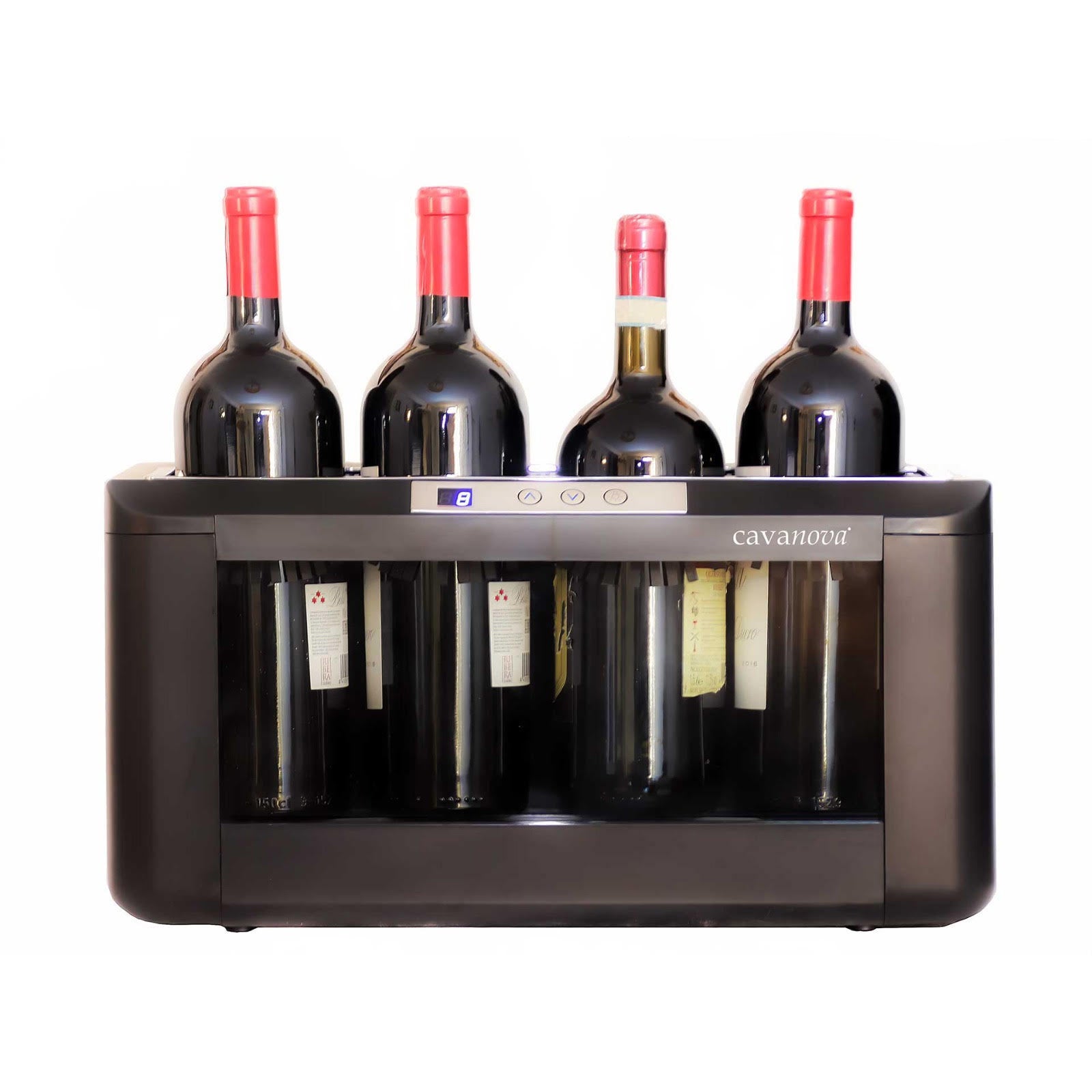 Enfriador de vino horizontal 4-5 botellas Cavanova OW004 Magnum vista frontal con 4 botellas de vino tinto