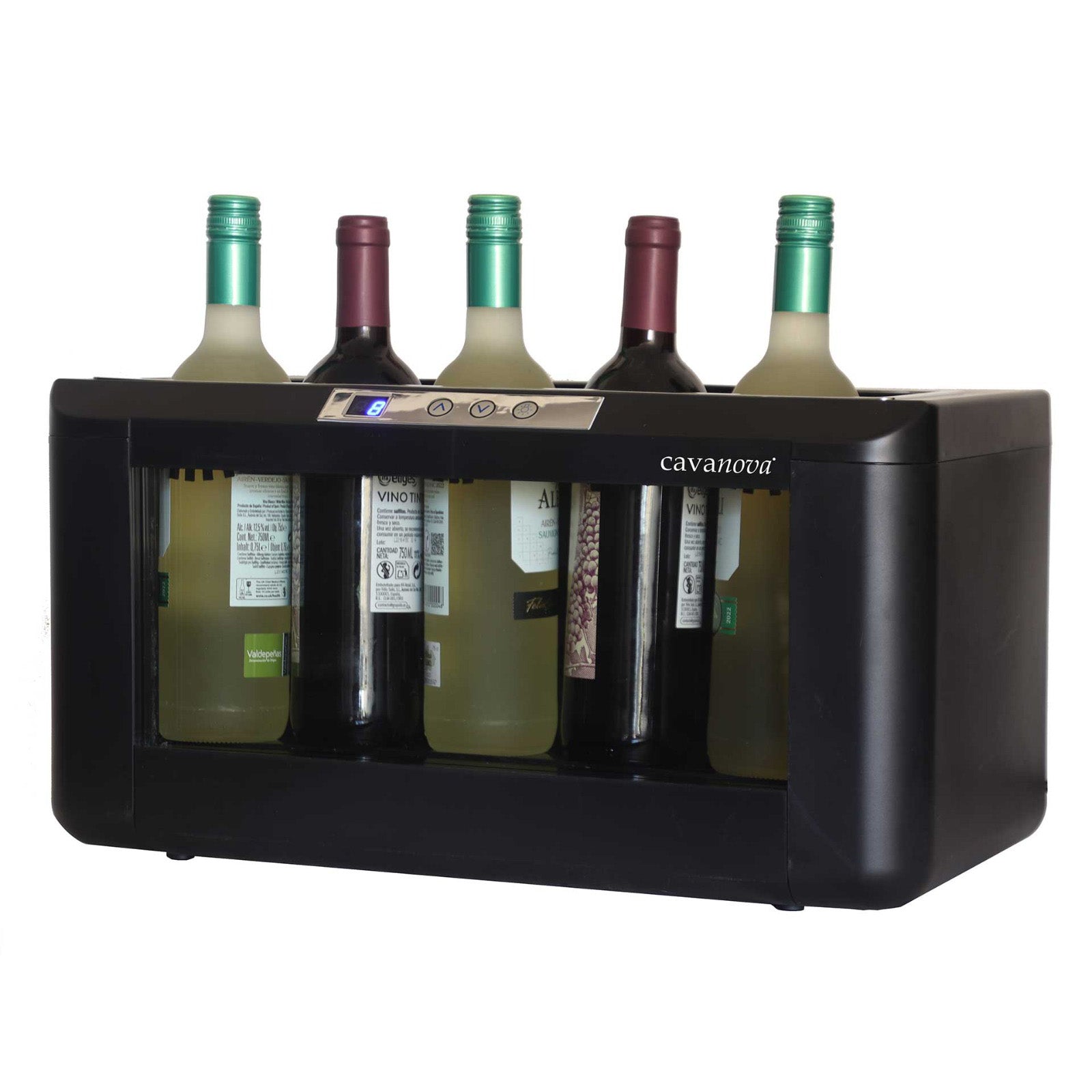 Enfriador de vino horizontal 4-5 botellas Cavanova OW004 Magnum vista lateral con 2 botellas de vino tinto y 3 botellas de vino blanco