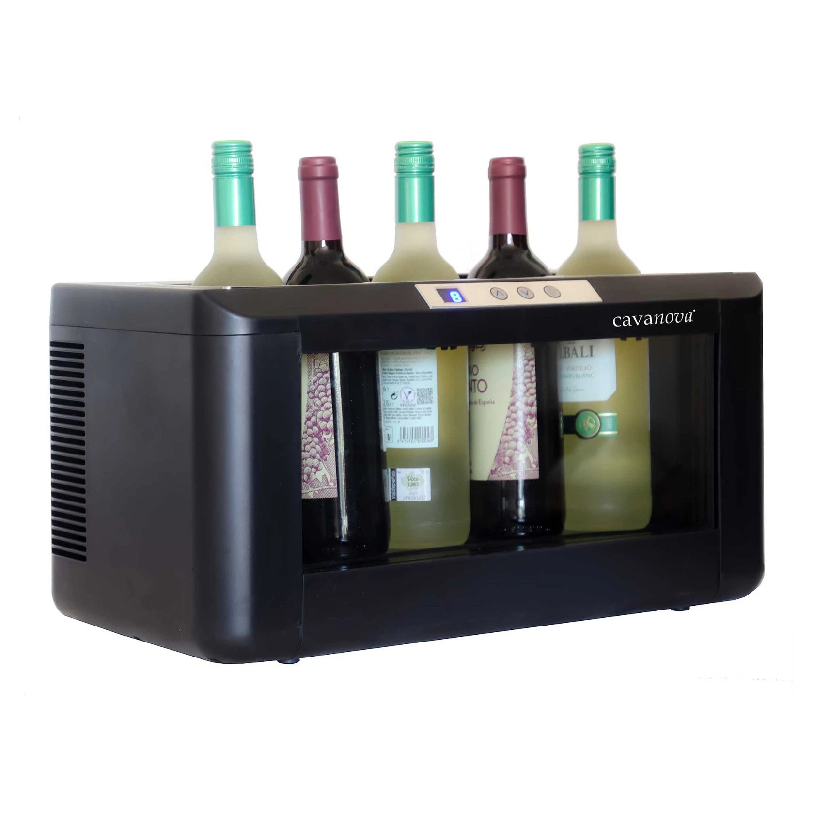 Enfriador de vino horizontal 4-5 botellas Cavanova OW004 Magnum vista lateral con 2 botellas de vino tinto y 3 botellas de vino blanco