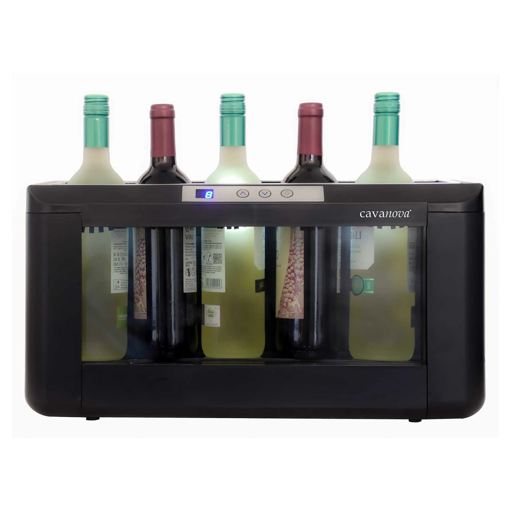 Enfriador de vino horizontal 4-5 botellas Cavanova OW004 Magnum vista frontal con 2 botellas de vino tinto y 3 botellas de vino blanco
