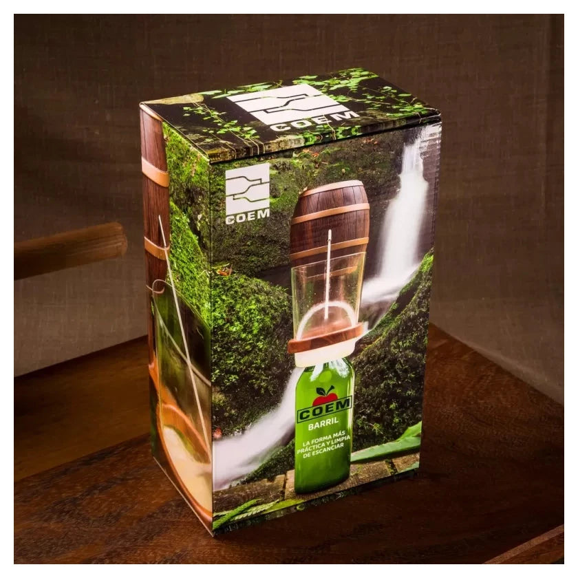 Coem BARRIL, escanciador eléctrico de sidra, detalle del conjunto con botella y vaso.