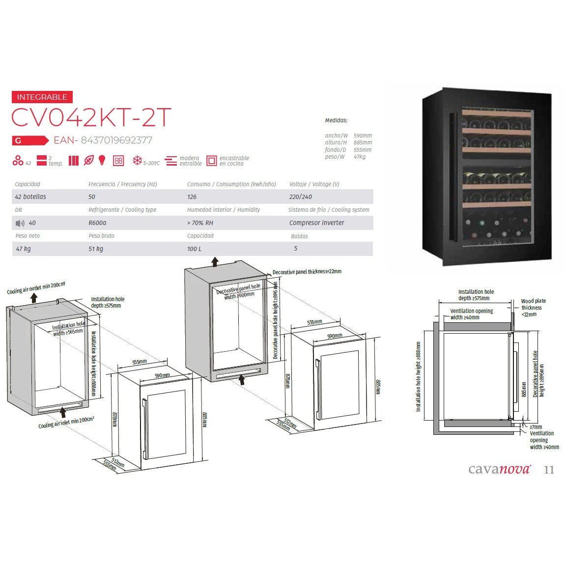 Imagen de instalación de la vinoteca encastrable Cavanova CV042KT-2T de 42 botellas, doble zona.