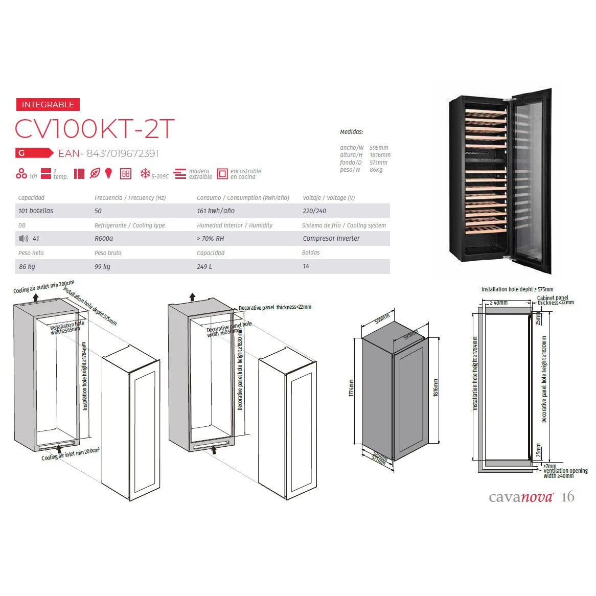 Imagen de instalación de la vinoteca encastrable Cavanova CV0100KT-2T de 100 botellas, doble zona.