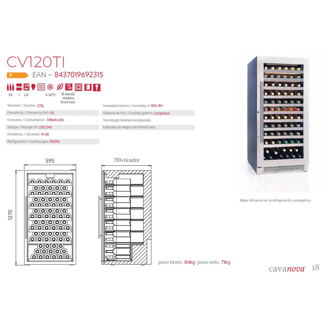 Imagen de instalación de la vinoteca Cavanova CV120TI de 113 botellas, integrable en cocina.