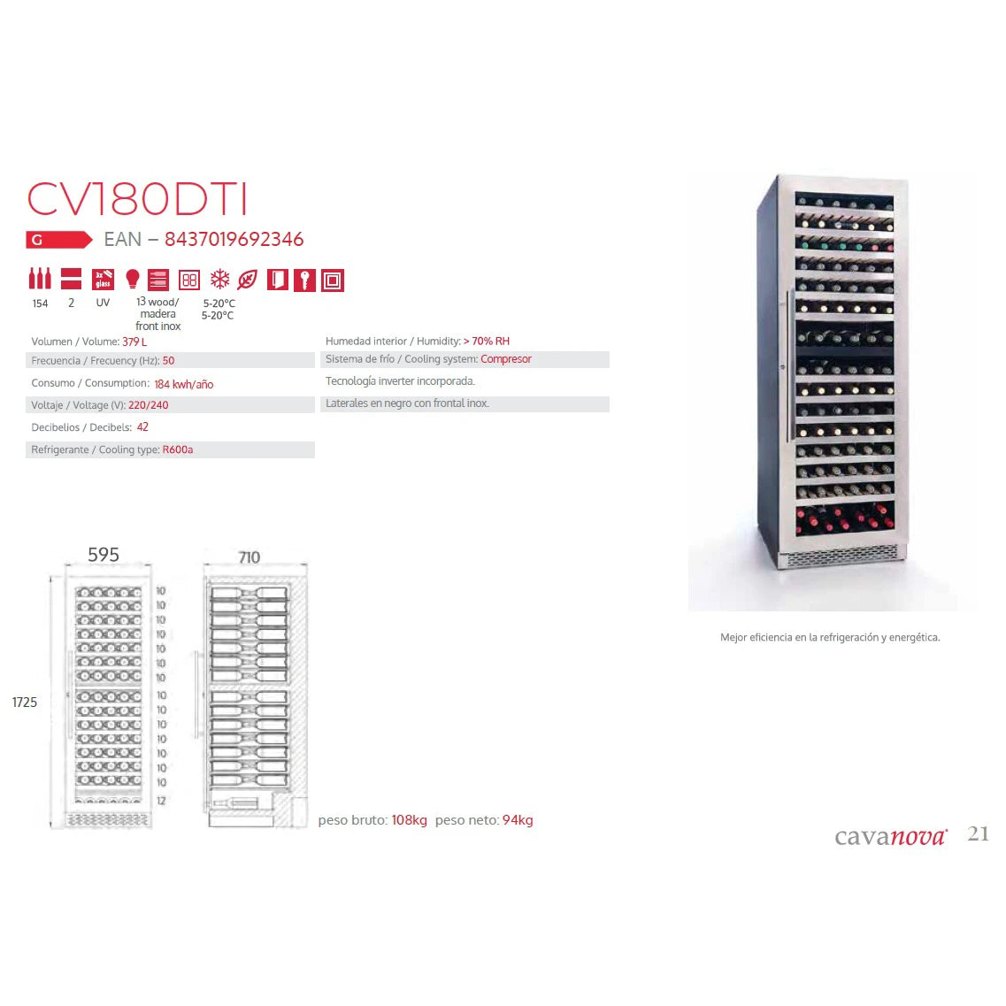 Wine Cooler 154 bottles Cavanova CV180DTI Dual-zone