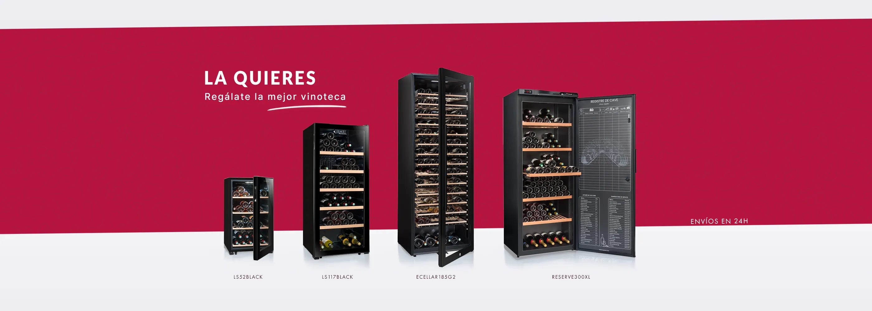 Imagen promocional de cuatro vinotecas negras con botellas visibles y modelos etiquetados. Incluye mensaje de regalo y envío en 24h.
