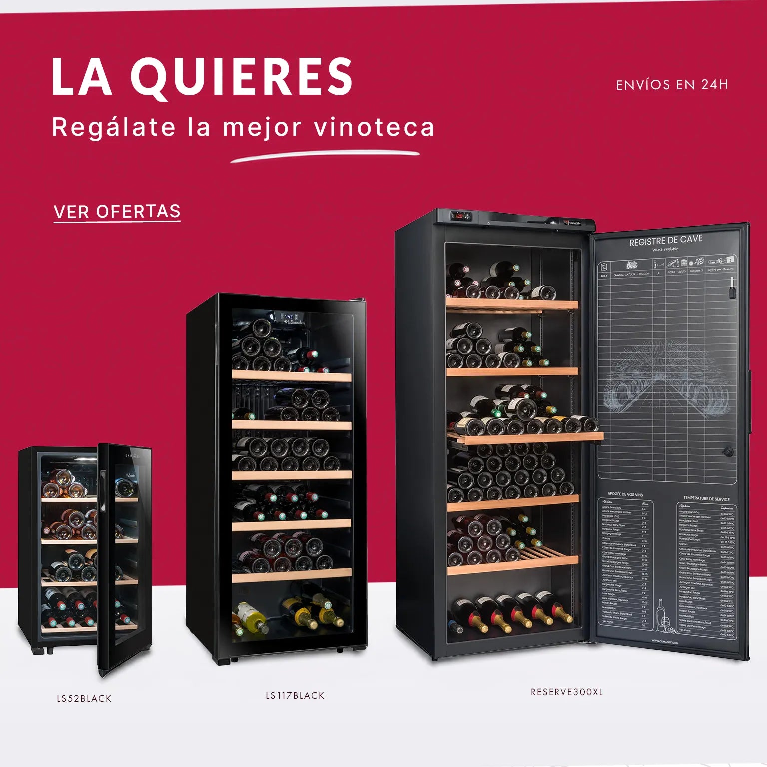 Imagen promocional de cuatro vinotecas negras con botellas visibles y modelos etiquetados. Incluye mensaje de regalo y envío en 24h.