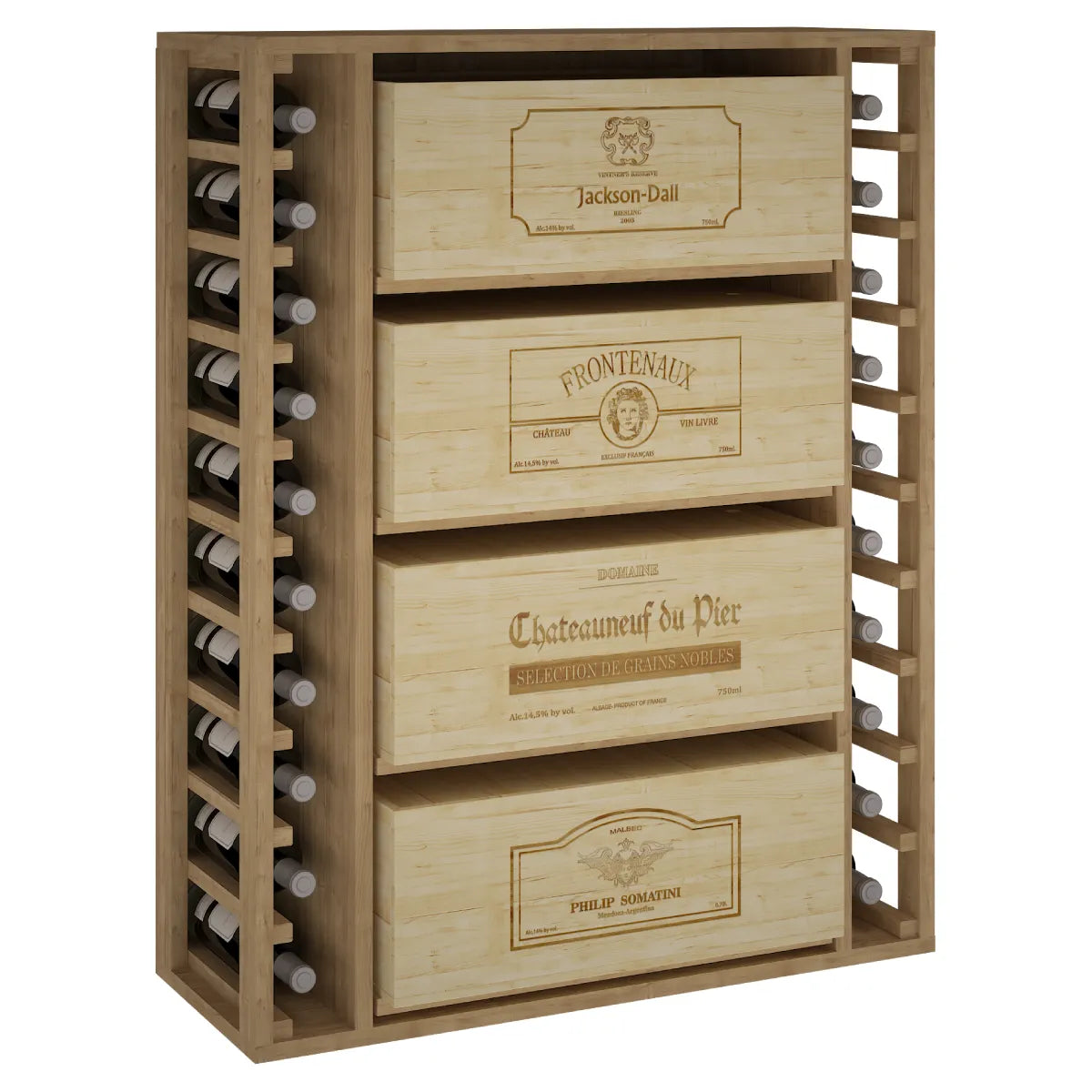 Wine rack for 20 bottles and 4 twelve-bottle cases Expovinalia Arganza Godello 2542 — Pine with light oak finish — EX2542