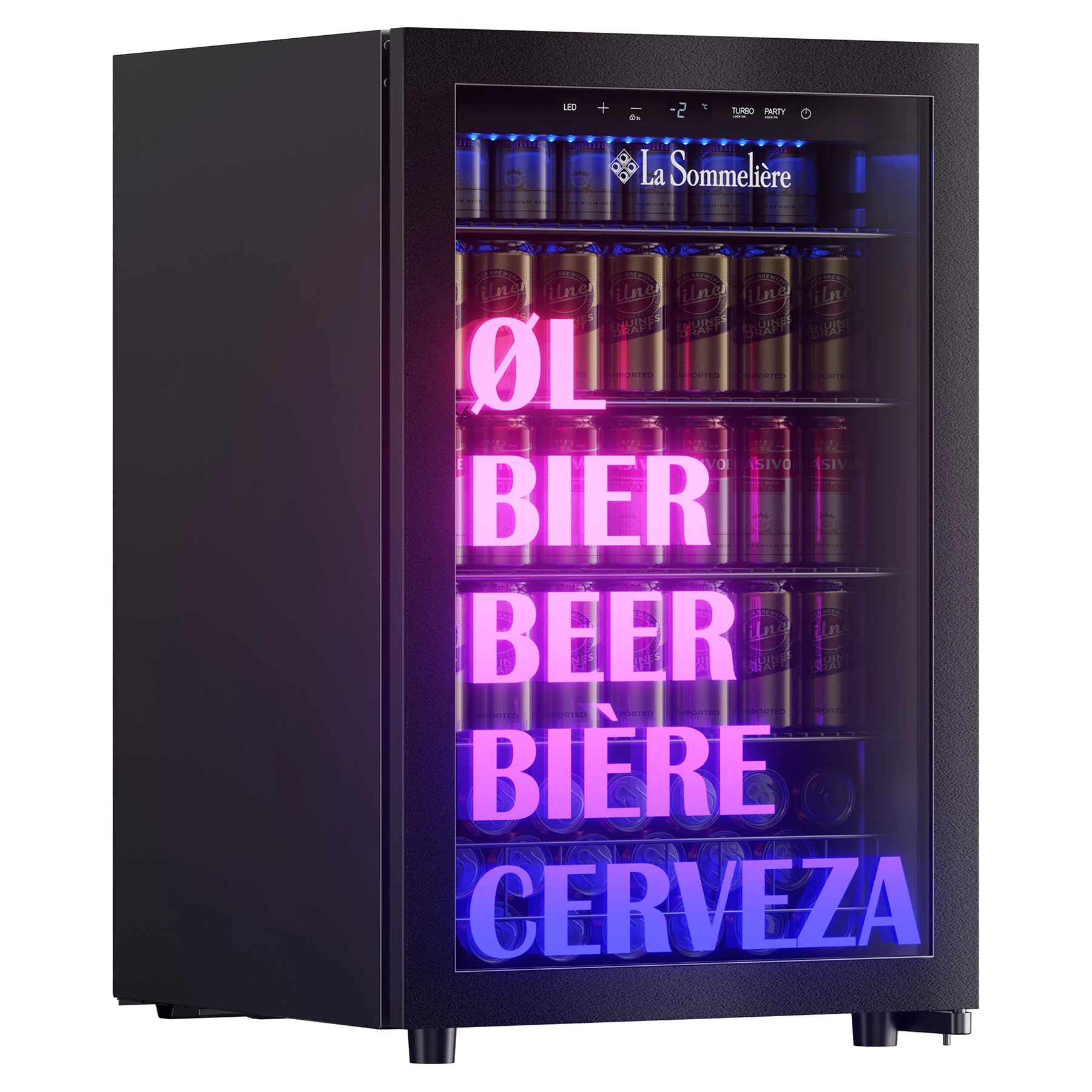 Nevera La Sommelière BEER150 en vista lateral con puerta de vidrio, iluminación LED y latas organizadas; muestra “cerveza” en cinco idiomas.