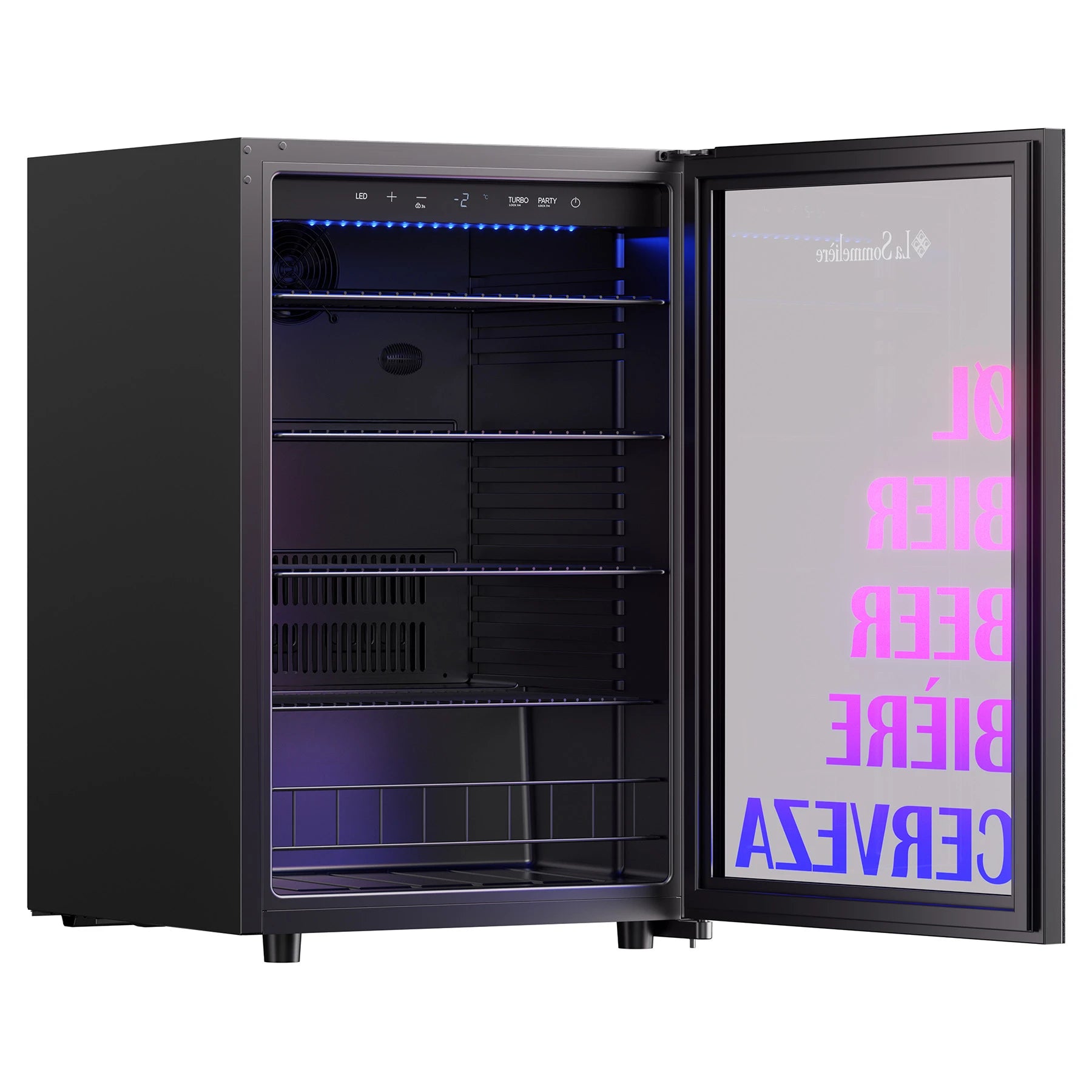 Nevera La Sommelière BEER150 vacía y abierta, con estantes metálicos visibles e iluminación LED; la puerta muestra “cerveza” en cinco idiomas.