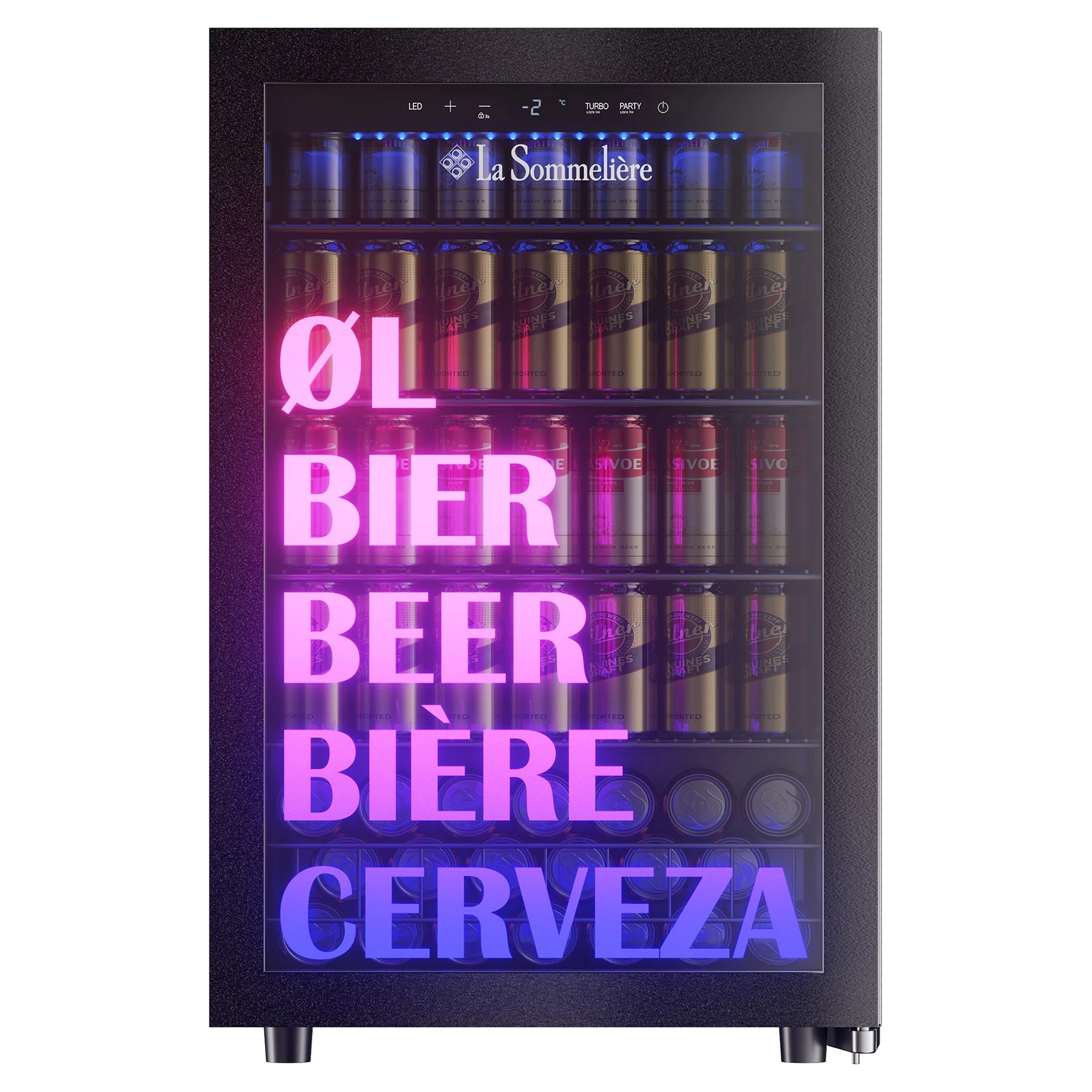 Frontal de la nevera La Sommelière BEER150 con estructura negra, panel superior con pantalla LED a -2 °C, y puerta de cristal con iluminación interior.