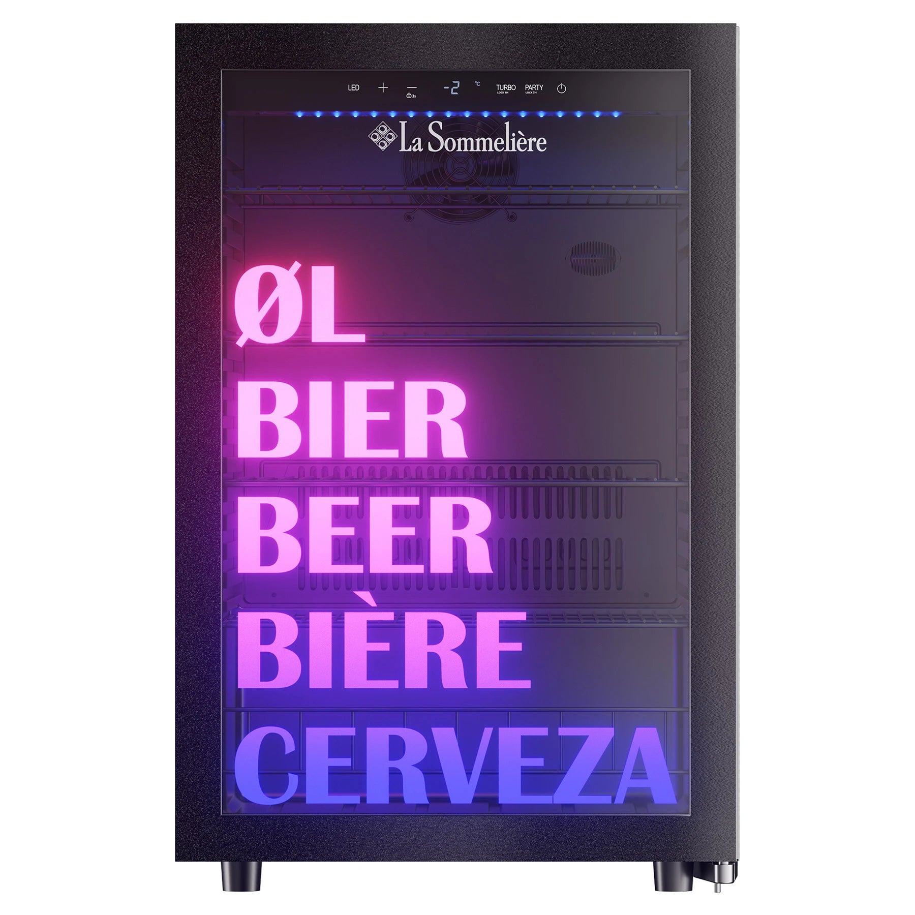 Nevera vacía para cervezas La Sommelière BEER150 con puerta de cristal iluminada y la palabra “cerveza” en cinco idiomas sobre el frente de vidrio.