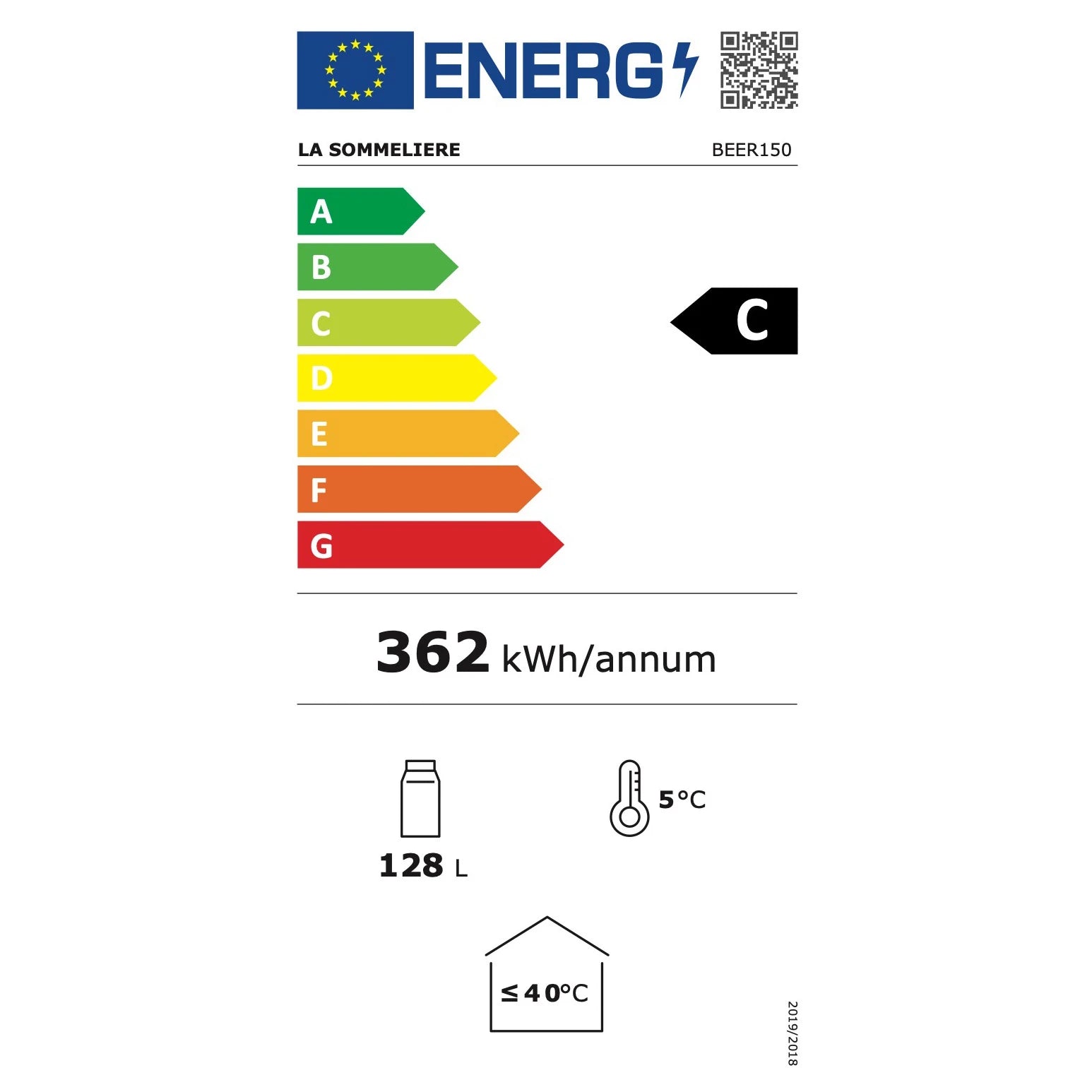 Etiqueta energética del modelo La Sommelière BEER150 con clasificación C, consumo de 362 kWh/año, 128 L de capacidad y temperatura de 5 °C.