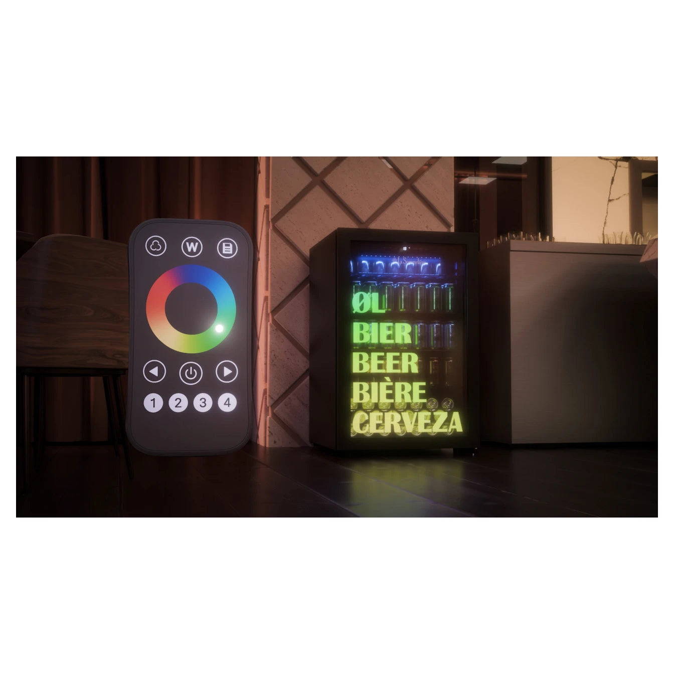 Nevera La Sommelière BEER150 con iluminación LED verde y palabras “cerveza” en cinco idiomas, junto a un control remoto circular multicolor.