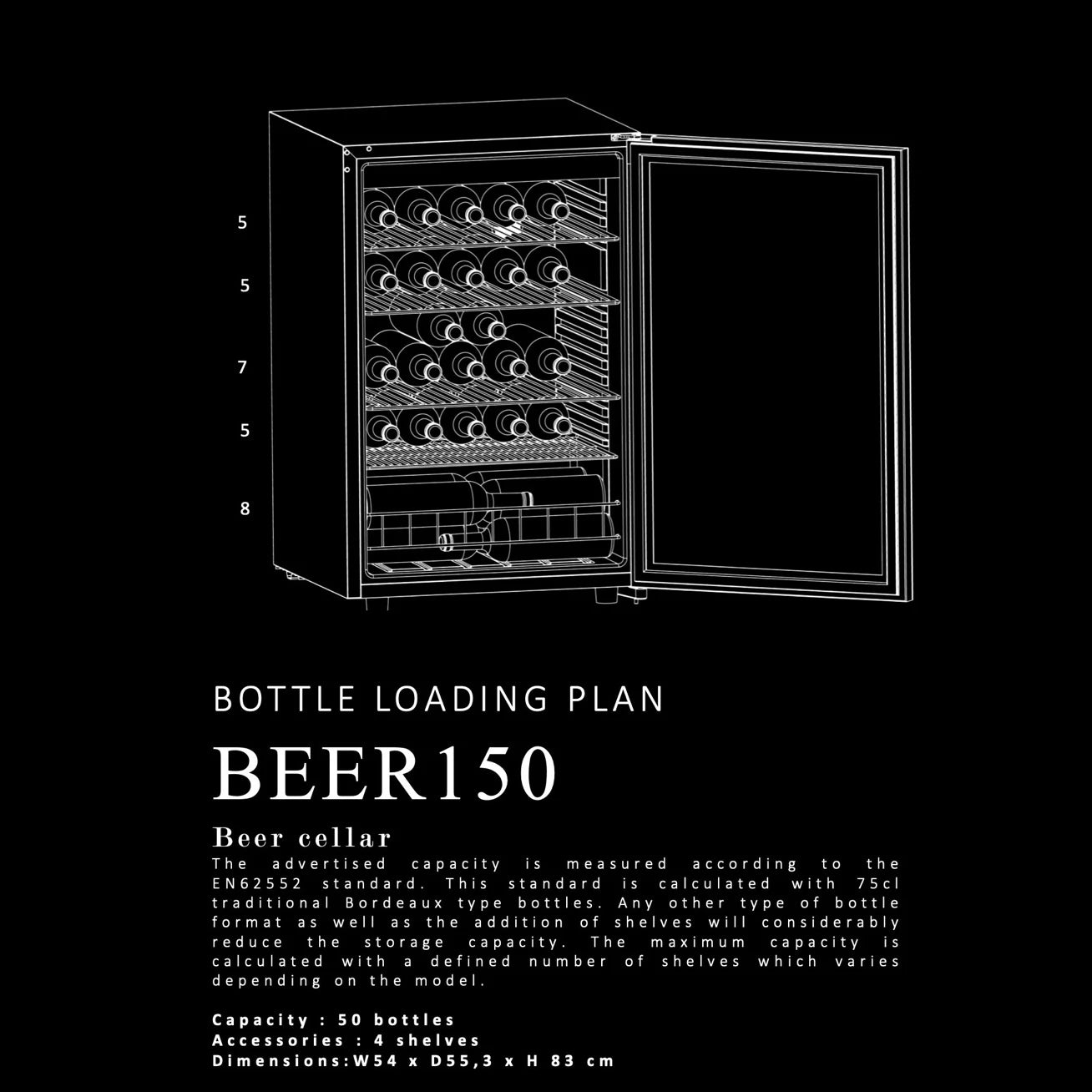 Plano técnico del modelo La Sommelière BEER150 con capacidad para 50 botellas, cuatro estantes y dimensiones de 54 × 55,3 × 83 cm.