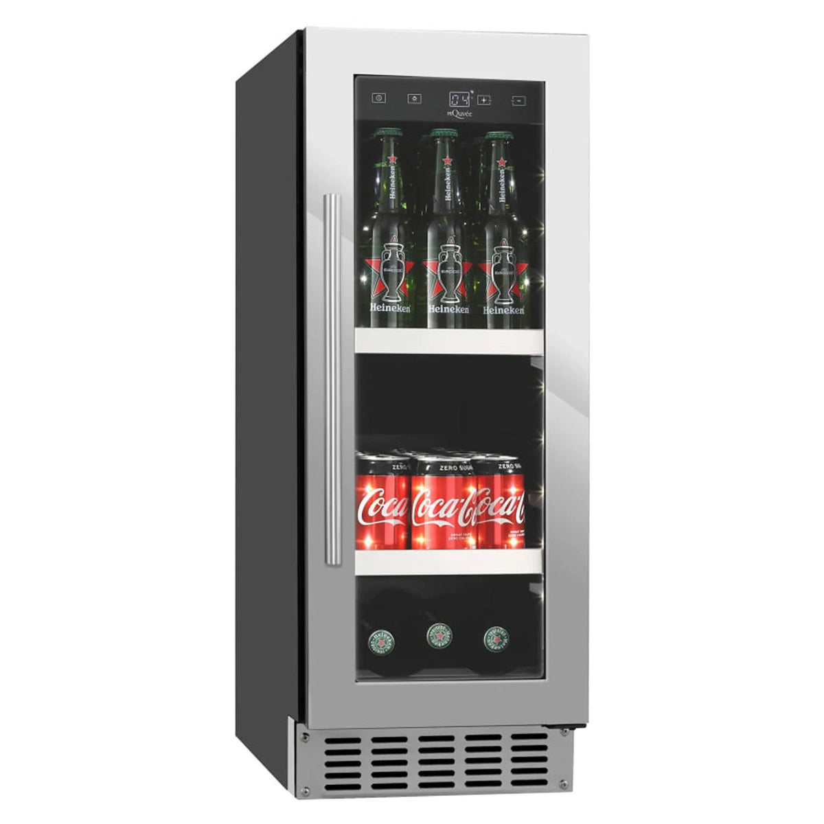 Detalle de la nevera para cerveza mQuvée BeerServer 30 Stainless con acabado en acero inoxidable