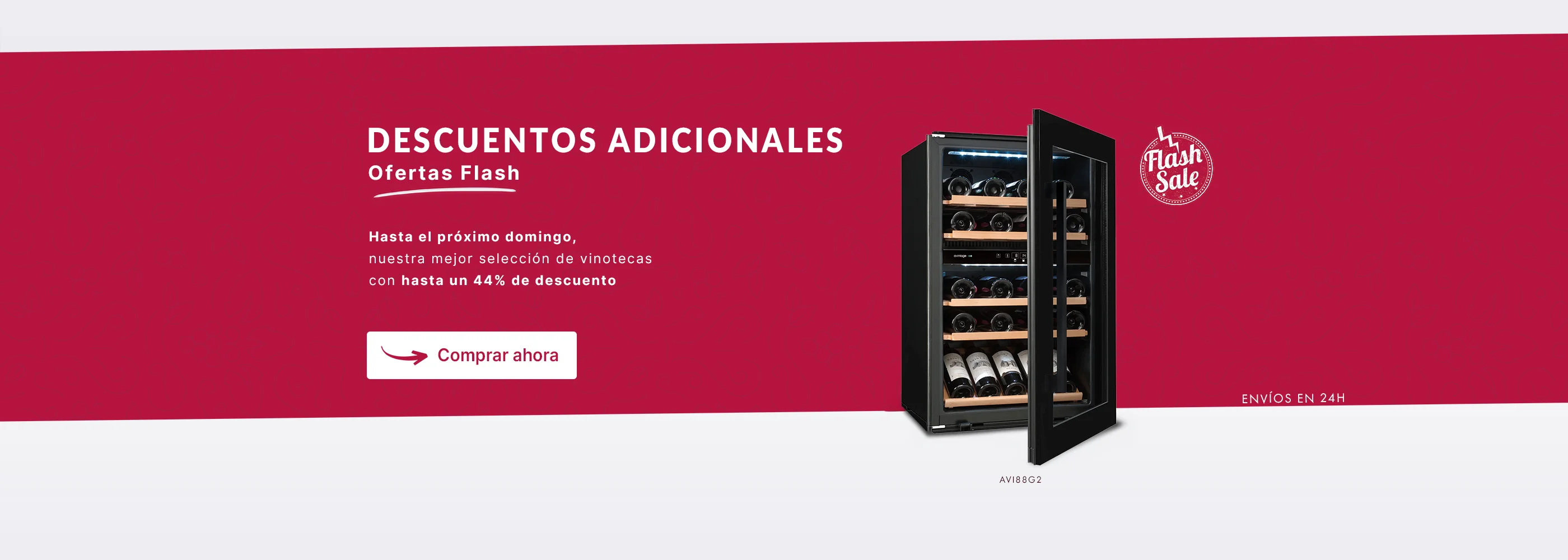 Oferta flash de vinotecas con hasta 44% de descuento. Imagen de vinoteca abierta con botellas, sello "Flash Sale" y botón de compra.