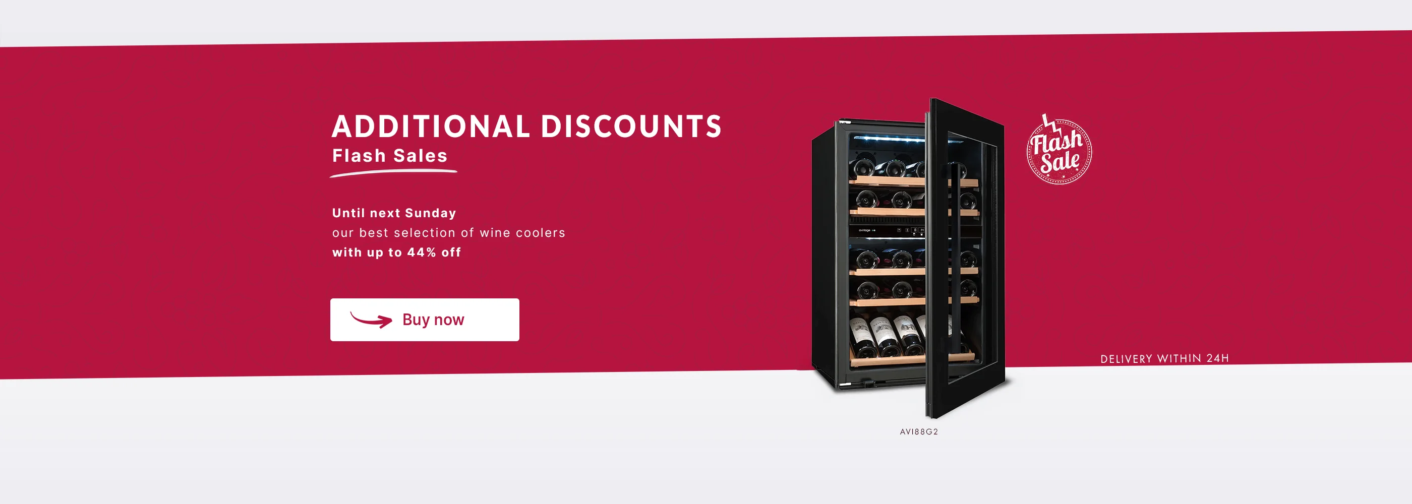 Flash sale on wine coolers with up to 44% discount. Image of an open wine cooler with bottles, "Flash Sale" badge, and purchase button.
