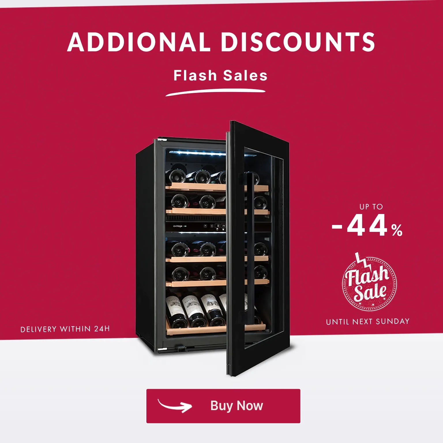 Flash sale on wine coolers with up to 44% discount. Image of an open wine cooler with bottles, "Flash Sale" badge, and purchase button.